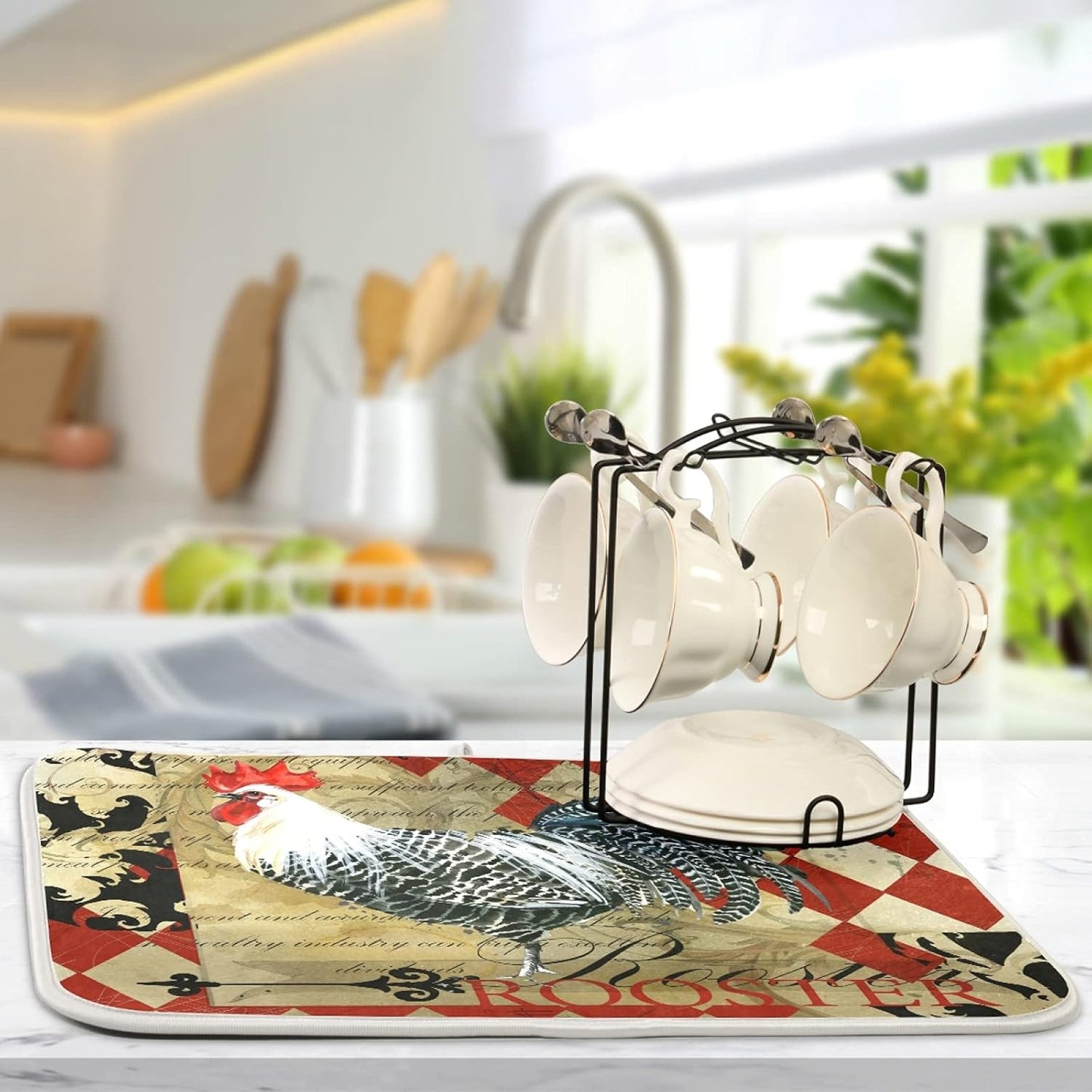 Dish Drying Mat for Kitchen Counter 18 x 16 Inch Rooster Vintage Domestic Farm Birds Microfiber Dish Mat Drying Pad Absorbent Dishes Pad Dish Drainer Rack Mats
