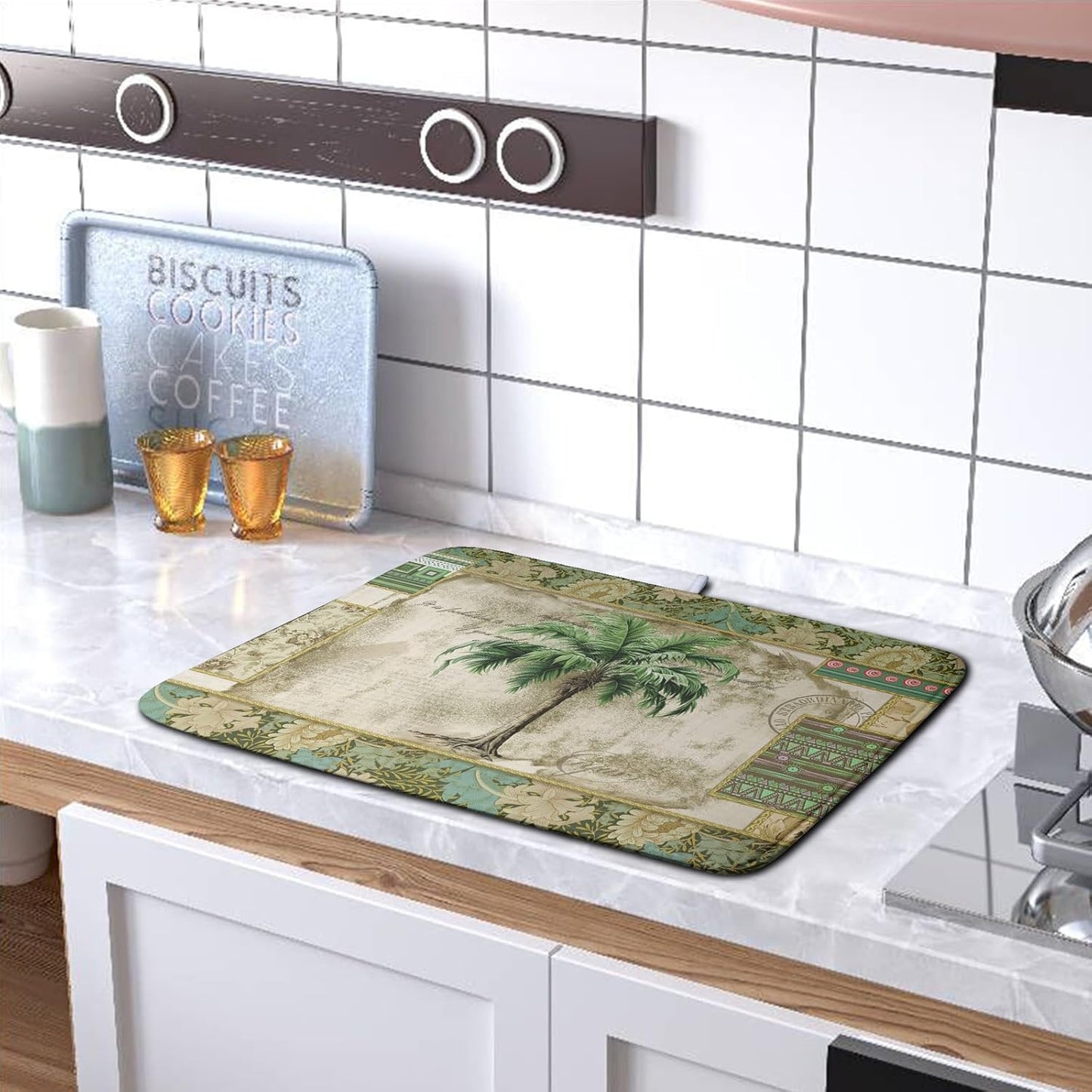 Palm Tree Kitchen Dish Drying Mat for Dishes 18x24 Inch Summer Vintage Tropical Leaves Green Jungle Plant Drying Mat Botanical Dish Drainer Mat Super Absorbent Dish Rack Pad for Coffee Bar Sinks