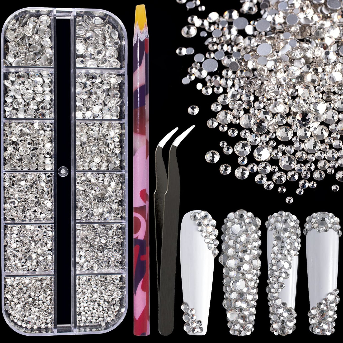 6 Sizes Transparent White Silver Glass Crystal Kit with Pickup Pen + Tweezer Tools for Shine Nail Art Manicure Makeup DIY Decoration Flatback Round Rhinestone Gem Jewelry Diamond