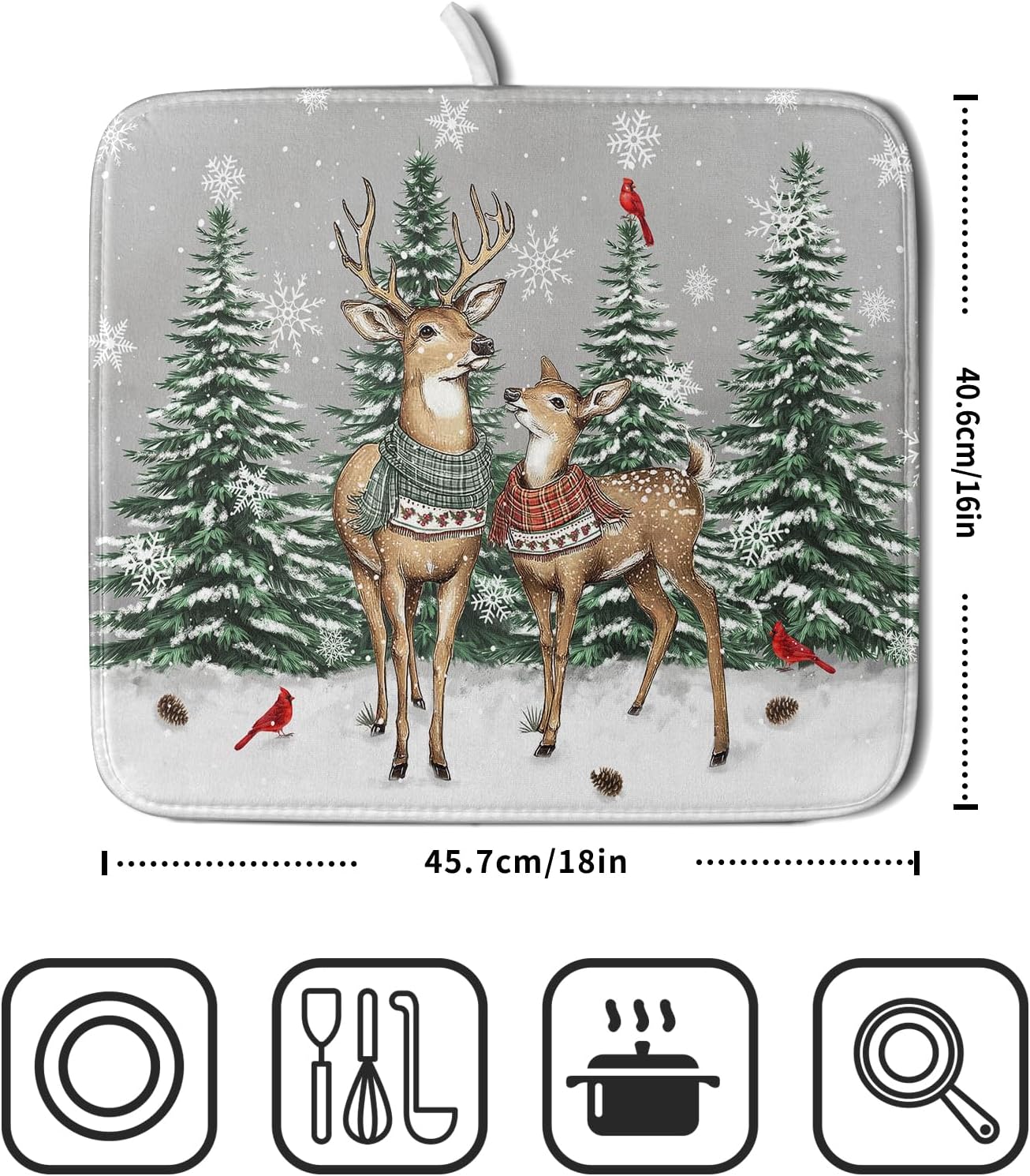 Winter Deer Dish Drying Mat Pine Tree Absorbent Dish Dry Pad Seasonal Microfiber Dish Drainer Mats for Kitchen Counter Coffee Bar 16x18 in