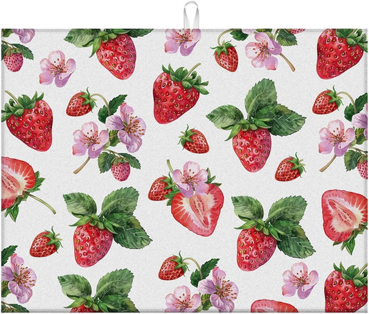 Dish Drying Mat For Kitchen Counter, Cute Watercolor Strawberries Microfiber Absorbent Dish Drainer Rack Pad Reusable Large 18x24in Drying Mat