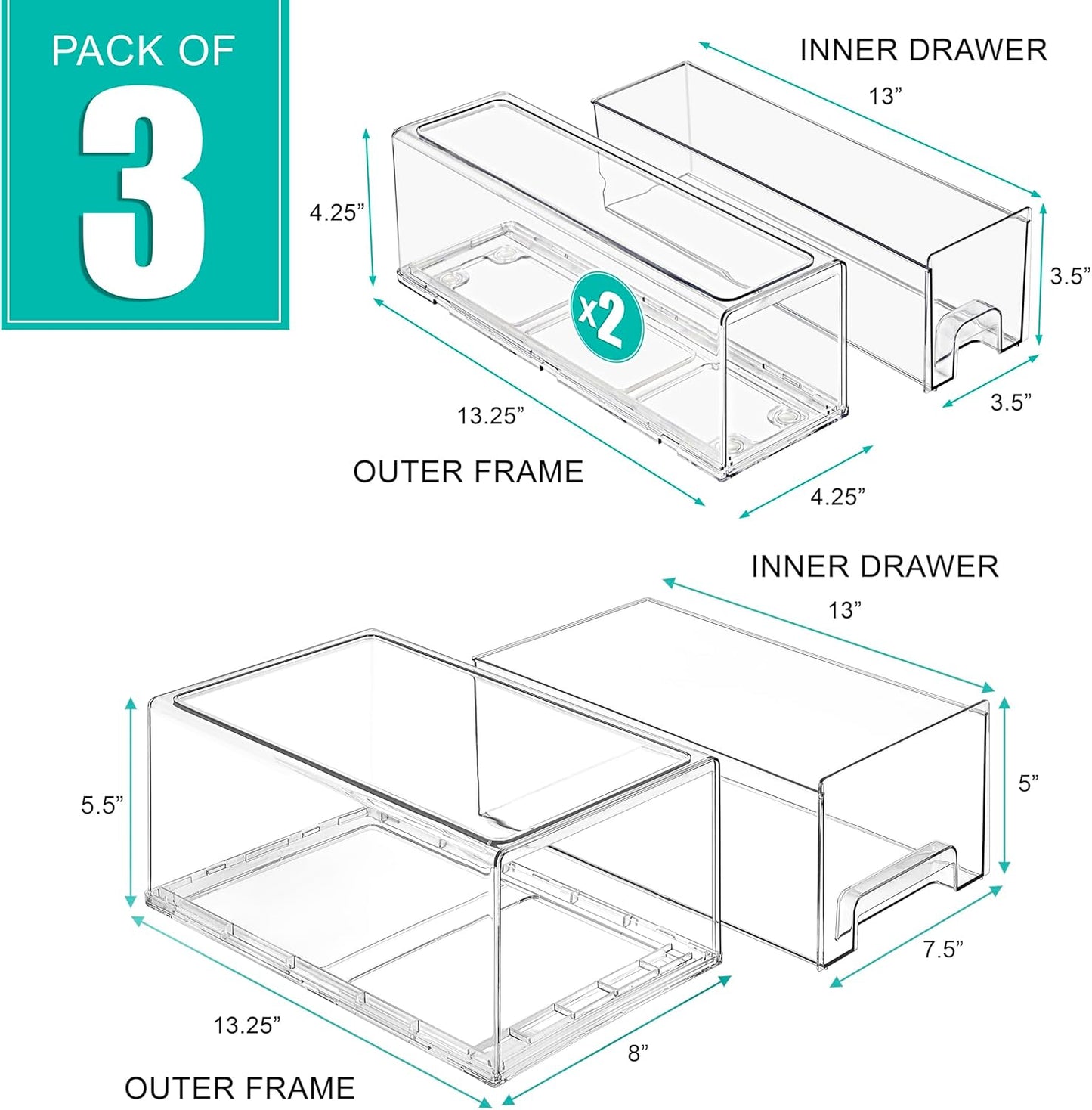 Sorbus 1 Large & 2 Small Clear Stackable Storage Drawers – Plastic Organizer Bins with Handles – Stackable Pull-Out Storage Drawers for Closet, Pantry, Office, Bathroom, Craft, and Toy Organization
