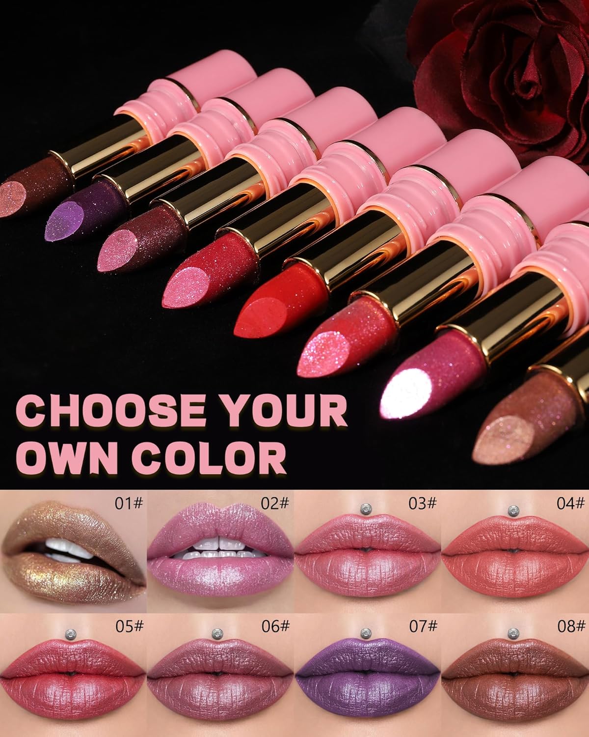 Glitter Metallic Ruby Red Shimmer Lipstick Long Lasting,Glitter Diamond Shine Nude Lipstick Transfer Proof Non-Stick Lip Gloss Shimmer Highly Pigmented Full Coverage Lip Makeup for Women-04