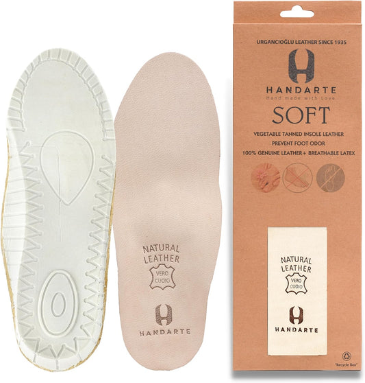HANDARTE Leather Orthopedic Insoles | Padded Comfort Shoe Inserts for Men | 100% Natural Goatskin - ChromeFree, Anti Sweat & Anti-Odor - Suitable for No-Socks (US M13 | EU48)