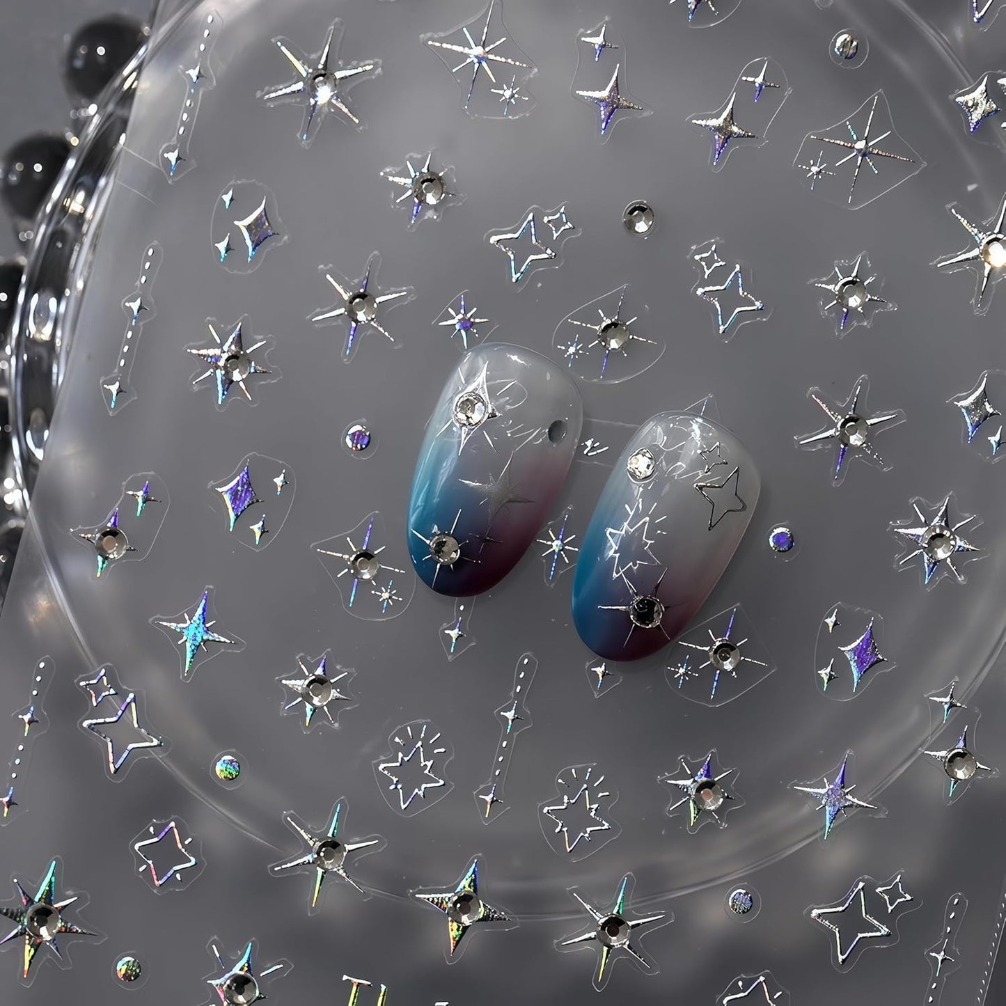 Glitter Diamond Stars Nail Art Stickers 3D Self-Adhesive Crystal Silver Decals Luxury with Rhinestones Stars Charms Design Stickers for Women DIY Manicure Decorations