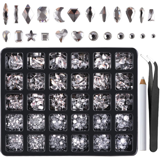 Canvalite 2900Pcs Clear Rhinestones for Nails, 18 Styles Multi Shape Nail Charms and Gems Shiny Glass Crystal Flatback Nail Rhinestones Set for Nail Art with Rhinestone Picker and Tweezers