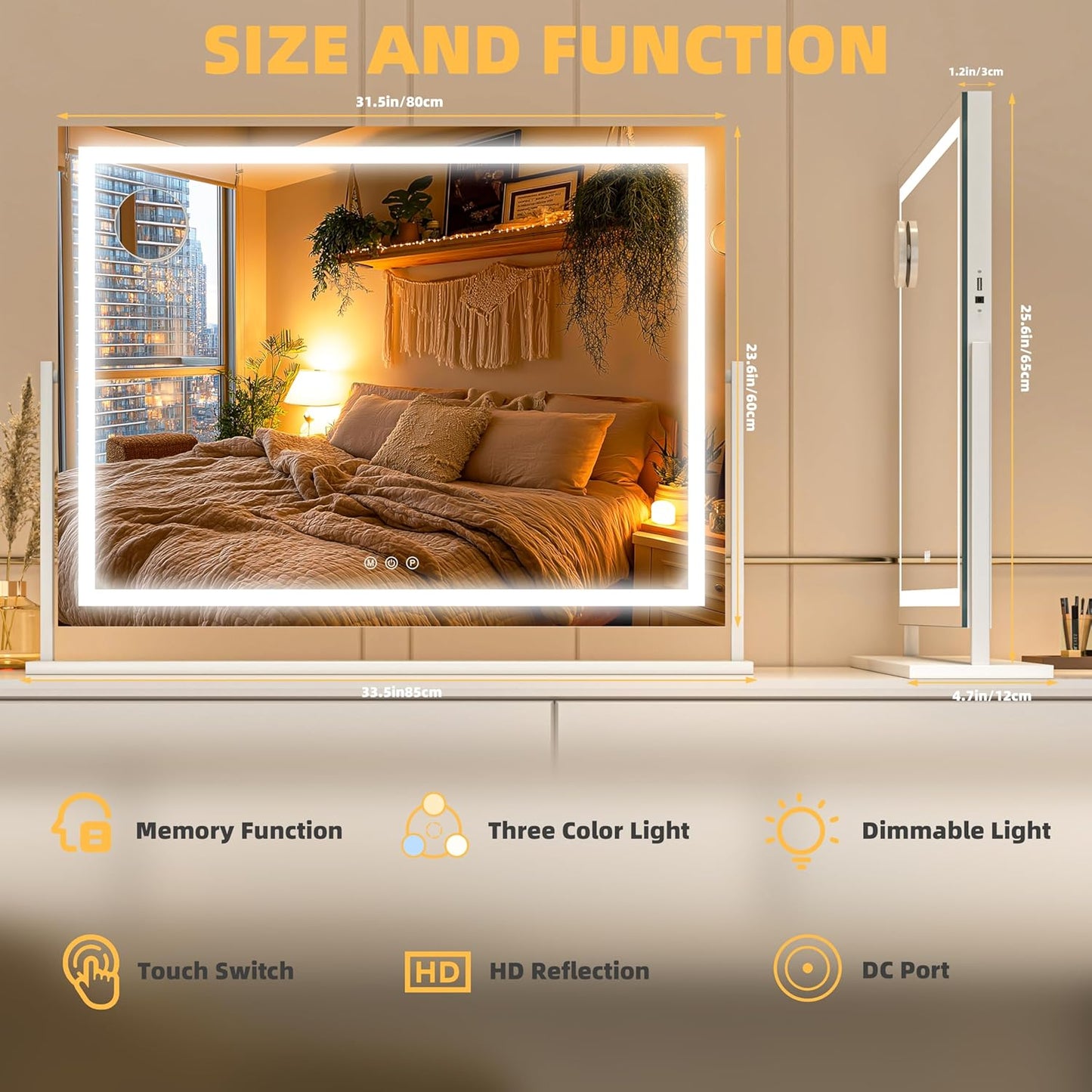 Vanity Mirror with Lights, 34'' x 26'' Lighted Makeup Mirror, Touch Screen with 3-Color Lighting, Dimmable for Vanity Desk Tabletop Square White