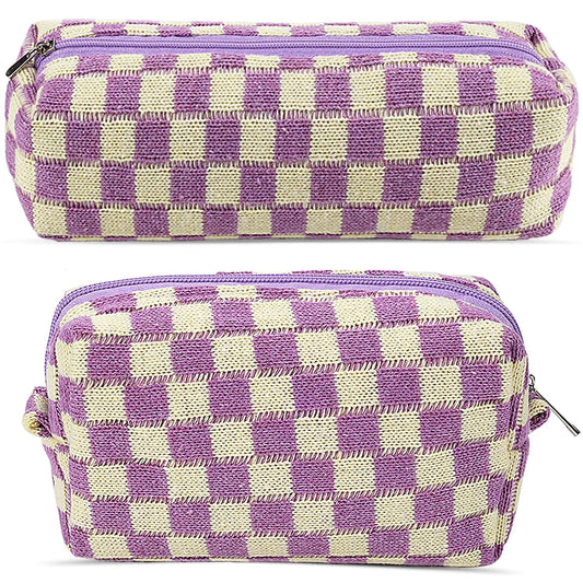 2Pcs Checkered Pencil Case Cute Pencil Pouch for Teens Checkered Makeup Bag Travel Cosmetic Bag Set Cute Makeup Pouch for Purse Portable Zippered Skincare Bags Preppy Toiletry Bags Organizer(Purple)