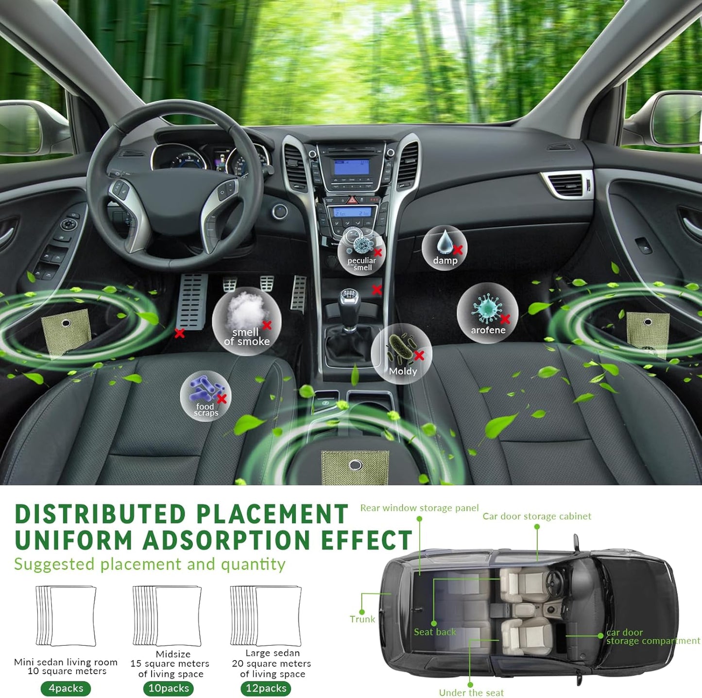 4 Pack charcoal odor absorber,Bamboo Charcoals Air Purifying Bag Charcoals Deodorizer Eliminator for Strong Odors in Car, Closet, Shoe, Basement (75G*4 Pack Green, Unscented)