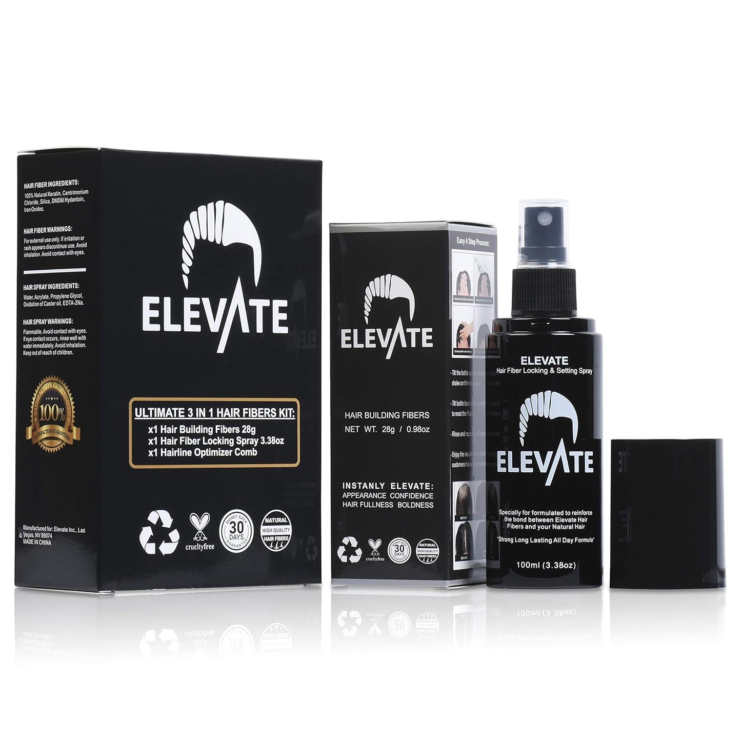 Elevate Hair Building Fibers 3-in-1 Kit for Thinning Hair (Black) Keratin Hair Thickening Powder with Fiber Lock Spray & Hairline Optimizer Comb - Instant Hair Concealer Waterproof for Men & Women