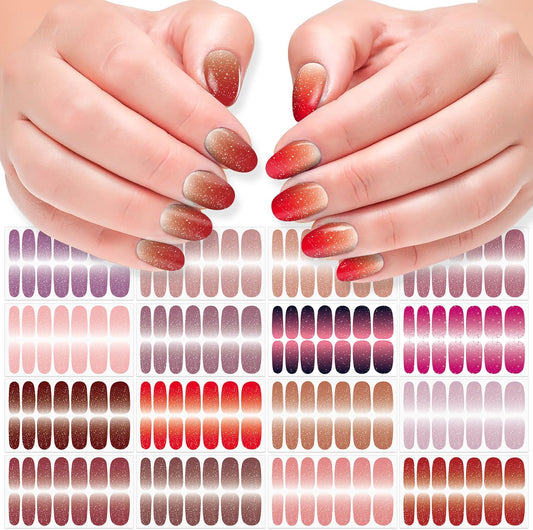 DANNEASY 16 Sheets Nail Polish Stickers Full Nail Wraps for Women Blue Glitter&Solid Color Fingernails Wrap Self Adhesive Nail Polish Strips Gel Nail Strips with Nail File, Cuticle Stick