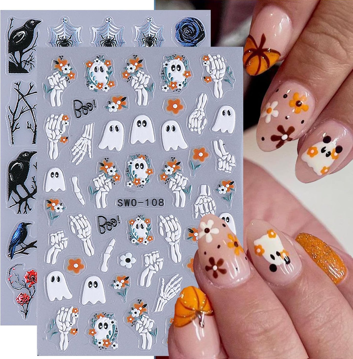 2 Sheets Halloween Nail Art Stickers Decals 5D Embossed Skeleton Rose Nail Decals Black Birds White Ghost Flower Skull Rose Design Halloween Nail Stickers Manicure Accessories for Women Nail Art Decor