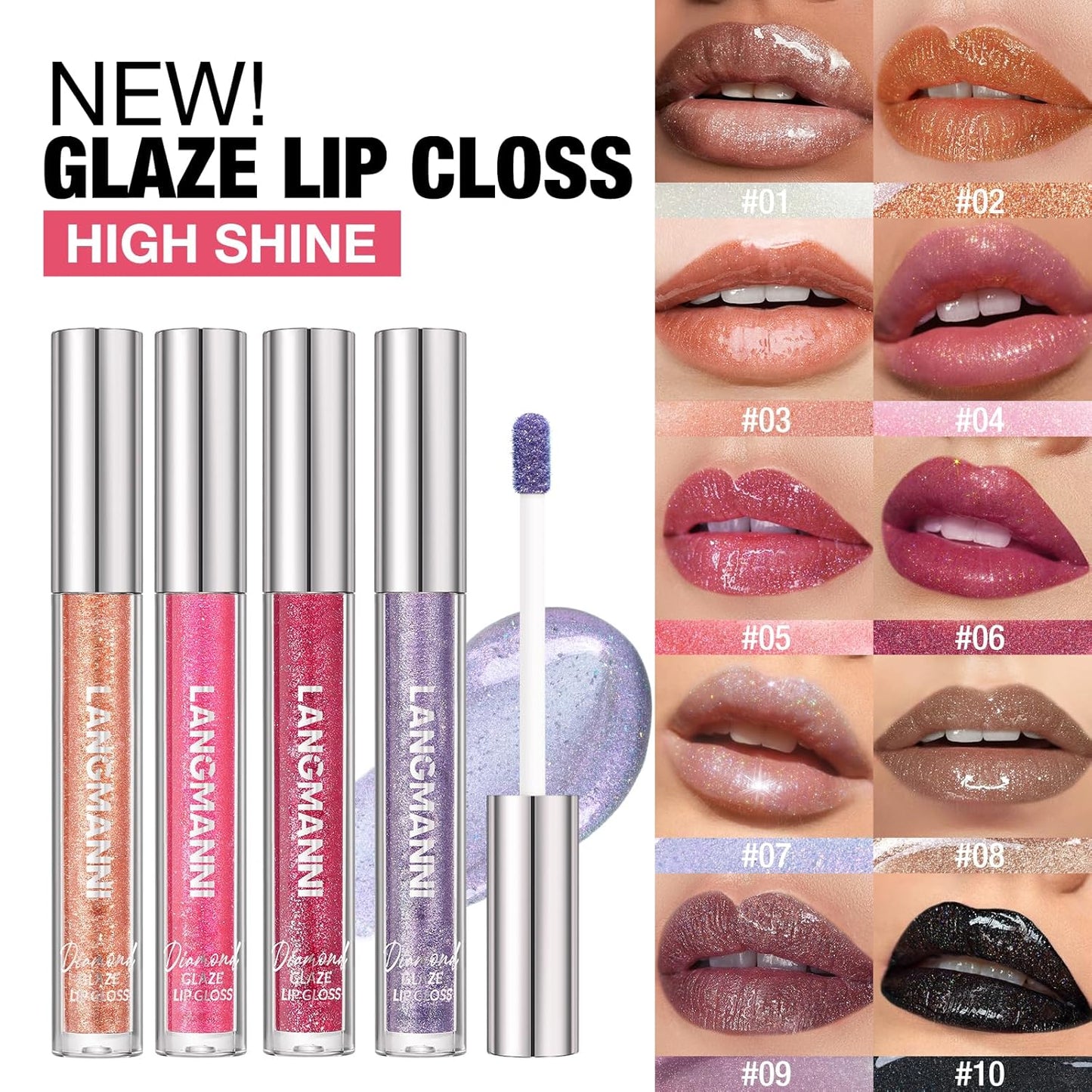 LANGMANNI 2 Colors Diamond Glitter Lip Gloss Set,Long Lasting High Shine Shimmer Liquid Lipstick Set,Hydrating,Moisturizing Lip Gloss Kit Gift Makeup For Girls(#05+06)