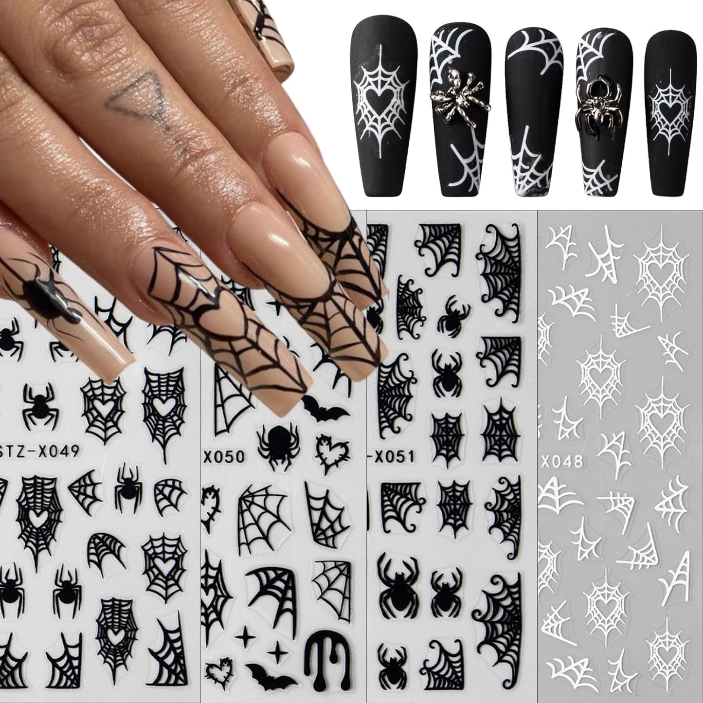 8 Sheets Halloween Nail Art Stickers 3D Spider Web Nail Decals Scary Black Spider Skull Bat Ghost Designs Nail Stickers Black White Halloween Nail Decoration for Women Girls DIY Nails Art Decoration
