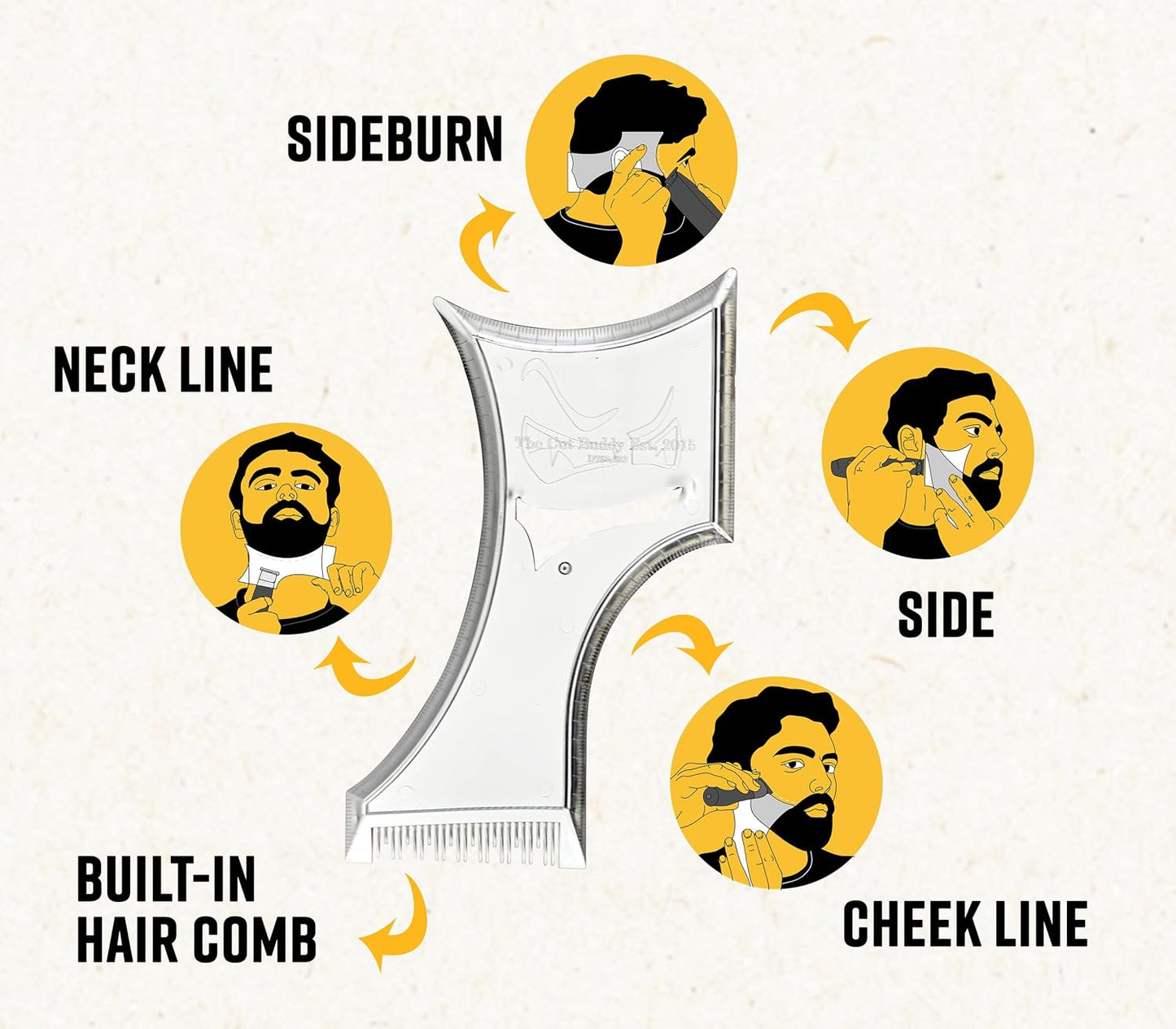 The Cut Buddy PLUS Beard Shaping Tool, Clear Template with Built-in Comb and Bonus Pencil, Ideal for Hairline, Beard, and Mustache Trimming