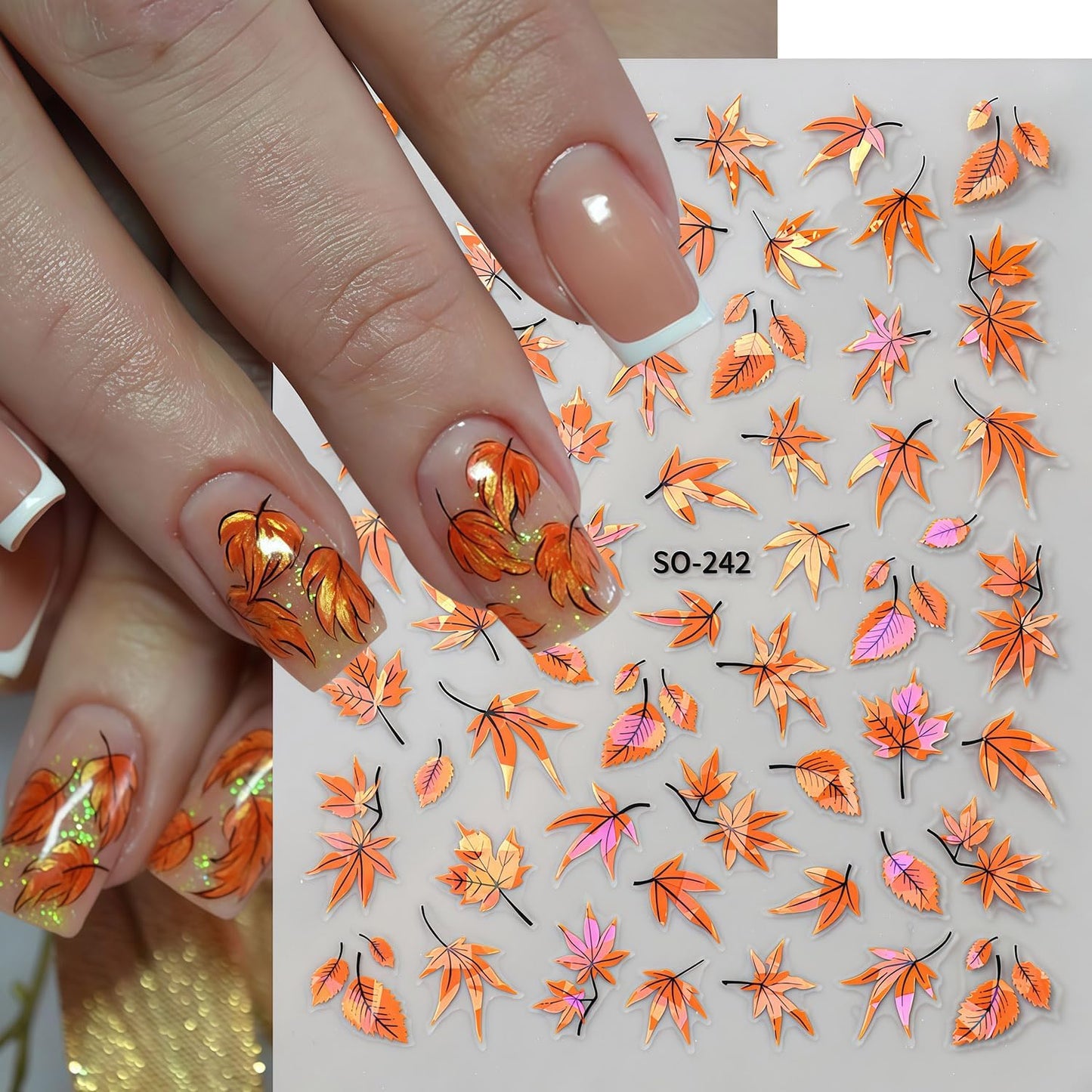 5 Sheets Fall Nail Art Stickers Autumn Maple Leaf Nail Decals 3D Self-Adhesive Thanksgiving Day Maple Leaf Nails Decals with Gold White Orange Green Leaves Nail Stickers for Women Manicure Decoration