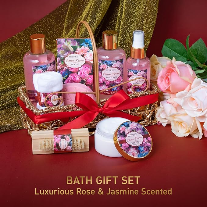 Spa Gift Basket for Women, ROSE & JASMINE Friendship Gifts Women, Tote Bag, Shower Gel, Hand & Body Cream, Hitrees Bath Gift Set for Her, Mom, Mothers Day