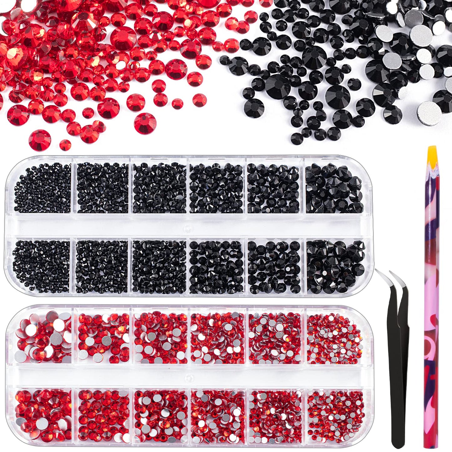 3440PCS 6 Sizes Black and Red Glass Crystal Kit with Pickup Pen + Tweezer Tools for Iridescent Shine Nail Art Manicure Makeup DIY Deco Flatback Round Bead Rhinestone Gem Jewelry Diamond