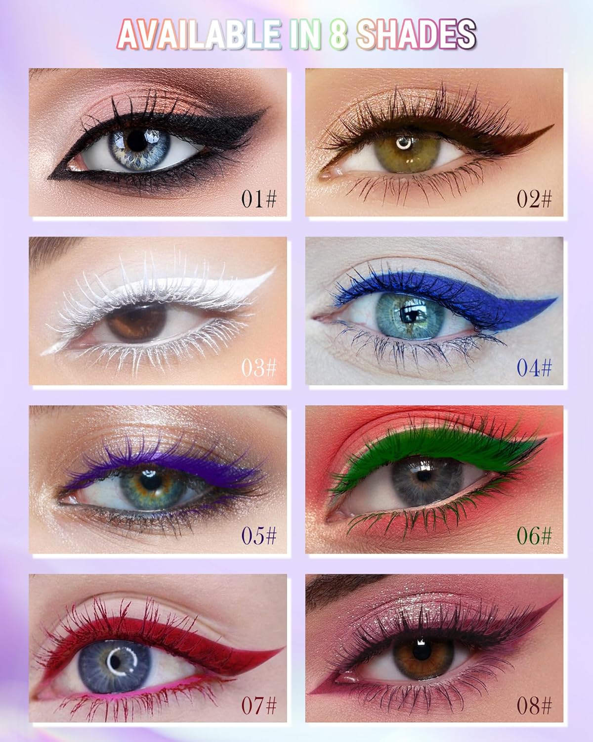 White Mascara Liquid Eyeliner Set, Update Longlasting Waterproof Color Eye Liner Pen, 5D Silk Fiber Colored Mascara Volume and Length, Halloween Party Stage Use Eye Makeup Gift Kit for Women Girl-03