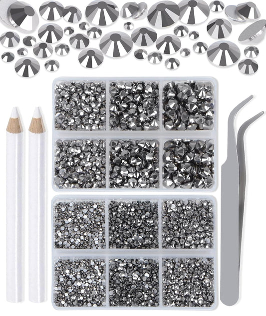 LPBeads 6000 Pieces Jet Hematite Non Hotfix Rhinestones 6 Sizes Round Crystal Glass Flat Back Rhinestones with Tweezers and Picking Pen for Nail Art Crafts Clothes Bags DIY