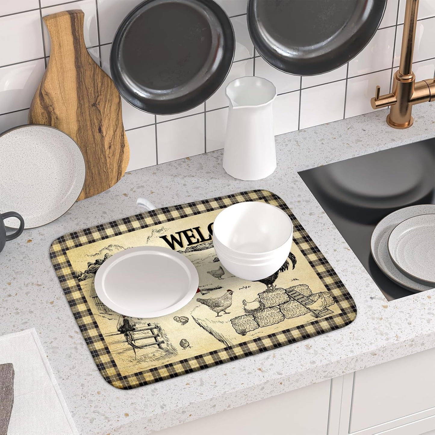 Farmhouse Rooster Dish Drying Mat 16x18 Inch Country Chicken Absorbent Dish Drainer Mat Reversible Countertops Protector Pad Kitchen Accessories