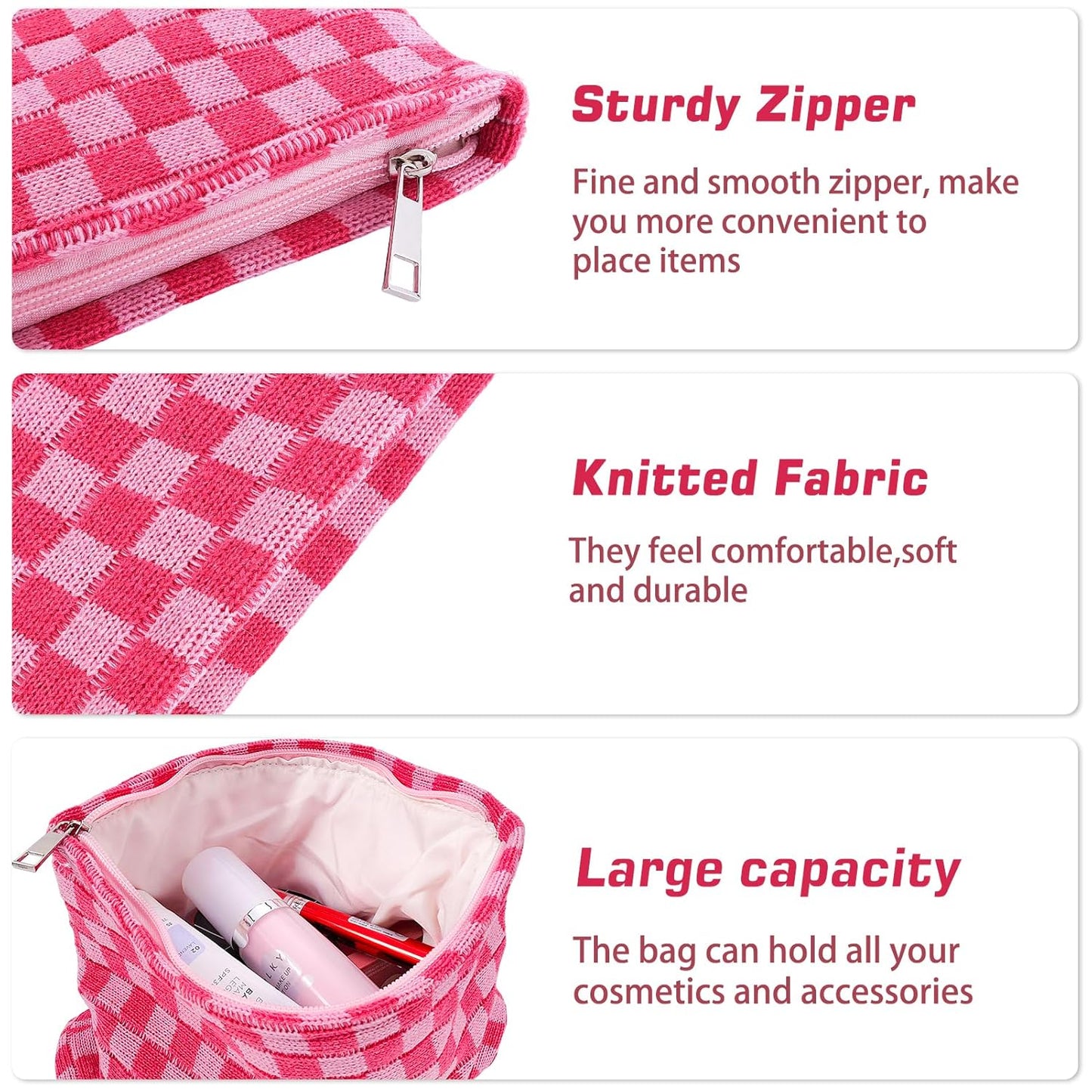 ZLFSRQ 3Pcs Makeup Bag Checkered Cosmetic Bag Set Travel Toiletry Bags for Purse Large Small Makeup Pouch for Women Cute Preppy Pencil Pouch Case Pink Zipper Skincare Bags