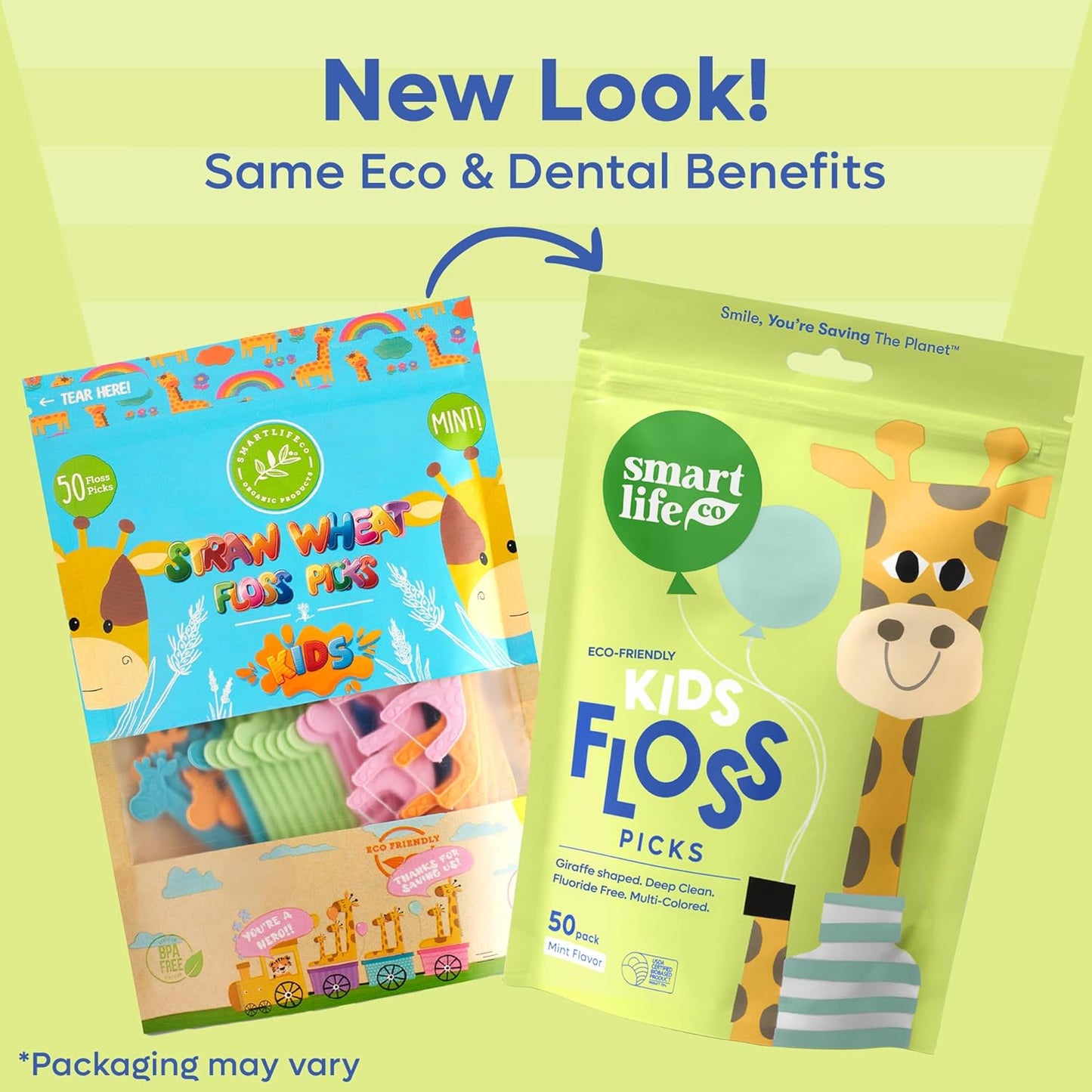 SmartLifeco Eco-Friendly Kids Flossers (200ct) - Dental Floss Picks for Children Made with Straw Wheat, Fluoride & PFA Free, Toothpick Flossing Sticks for Toddler Teeth, No Shred Thread, Mint