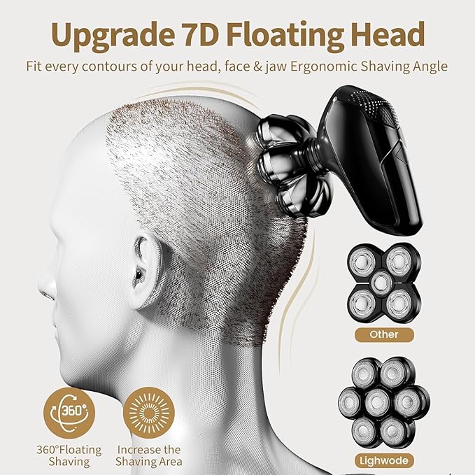 Detachable Head Shavers, SHPAVVER 5 in 1 Electric Razor IPX7 Waterproof for Bald Men, Wet Dry LED Display Rechargeable 7D Rotary Shaver Grooming Kit with Type C Charge A，Gray Black