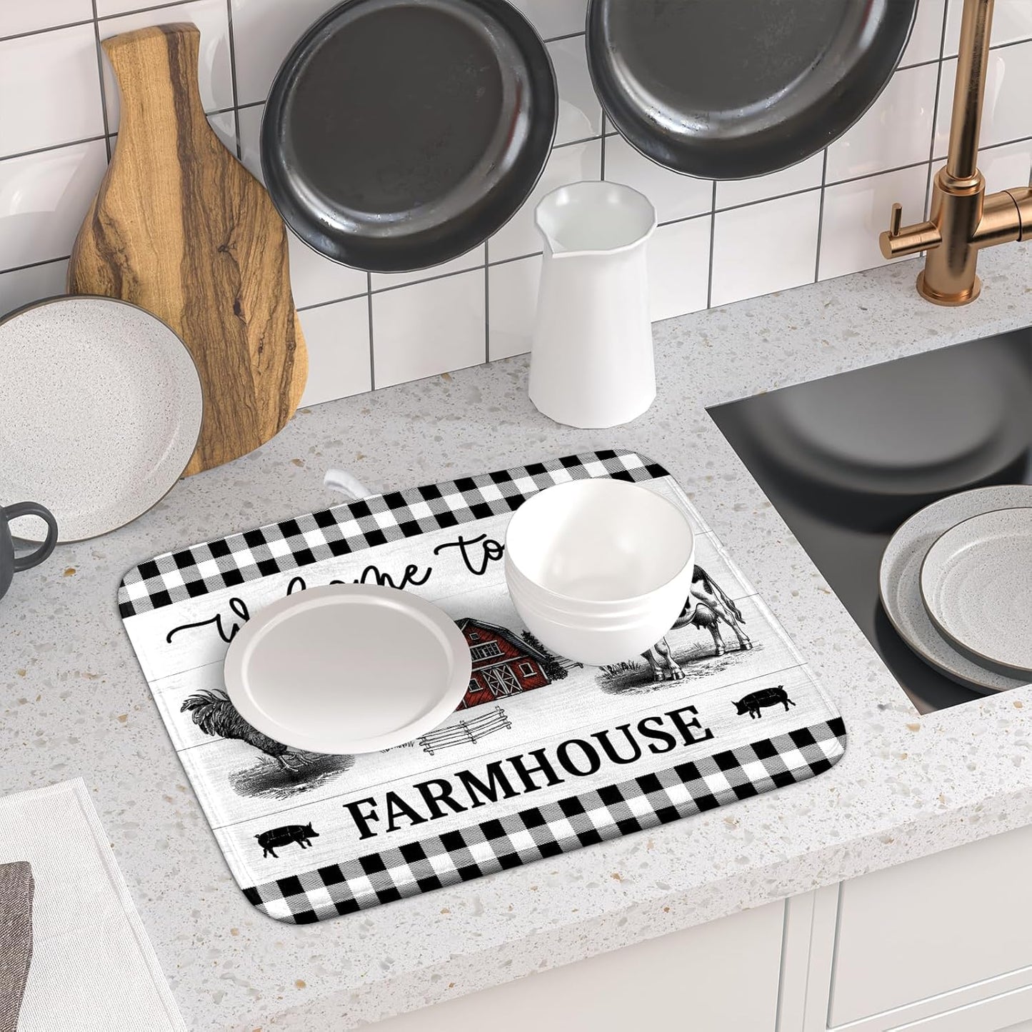 Farmhouse Barn Dish Drying Mat 16x18 Inch Cow Rooster Absorbent Microfiber Dish Drainer Rack Pad Bottles Protector for Kitchen Counter