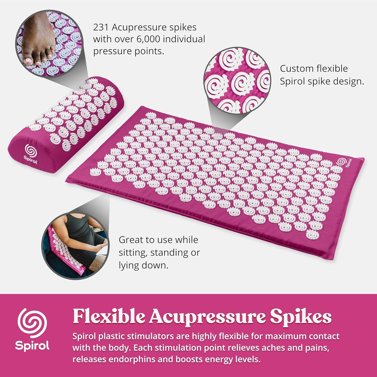Spirol Acupressure Mat and Pillow Set for Back, Neck and Shoulder Pain Relief, with Flexible Acupressure Spikes, Includes Carry Bag (Amethyst)