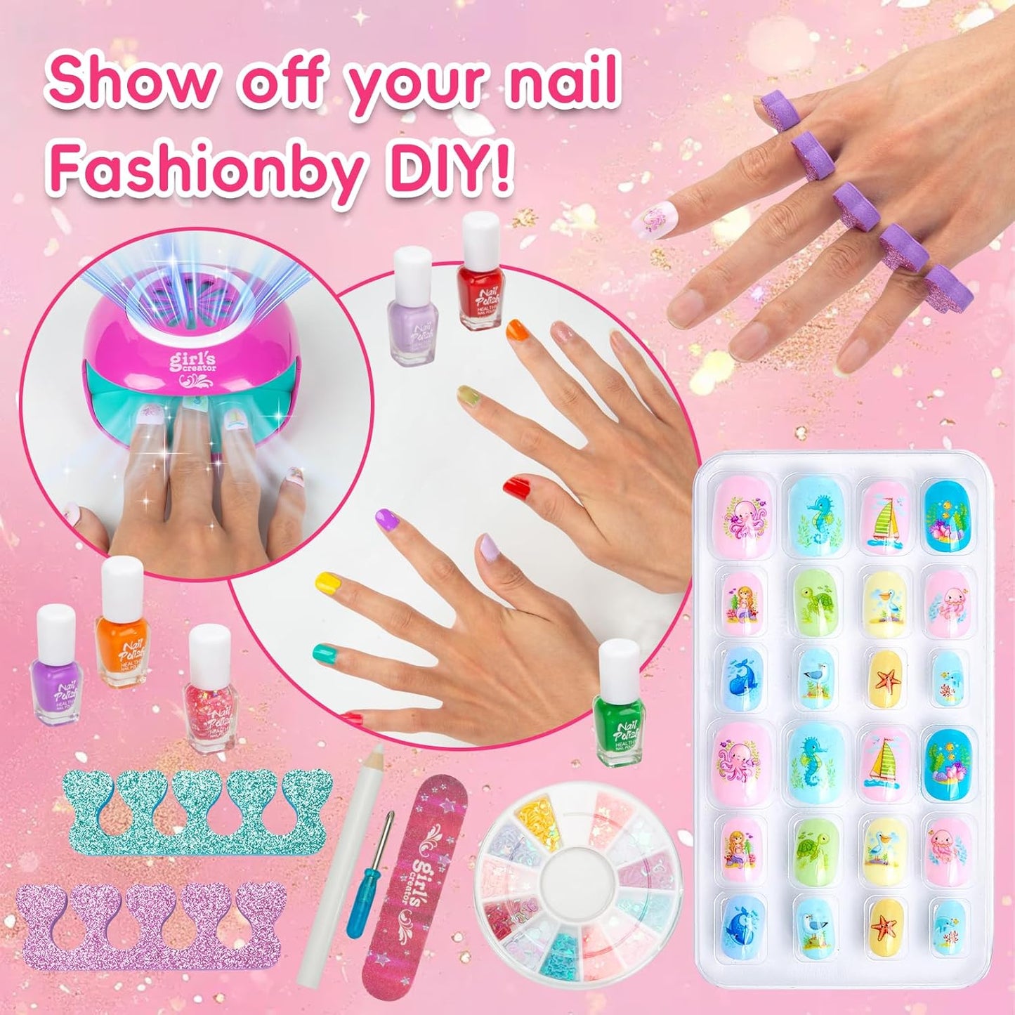 Kids Nail Polish Set for Girls, Nail Art Kit with Nail Dryer, 9 Peel Off Washable Polish, 24 Press on Fake Nails, Glitter Powder, Gifts for Girls Ages 6-12