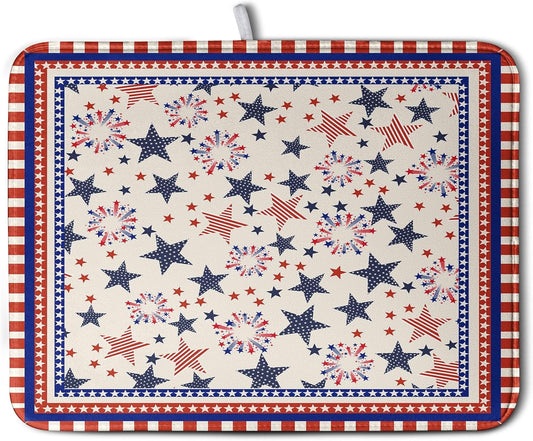 Happy 4th of July Patriotic Dish Drying Mat 18 x 24 Inch US Independence Day Vintage Star Kitchen Drying Mat Blue White Red Dish Drainer Mats Super Absorbent Dish Rack Pad for Coffee Bar Sinks
