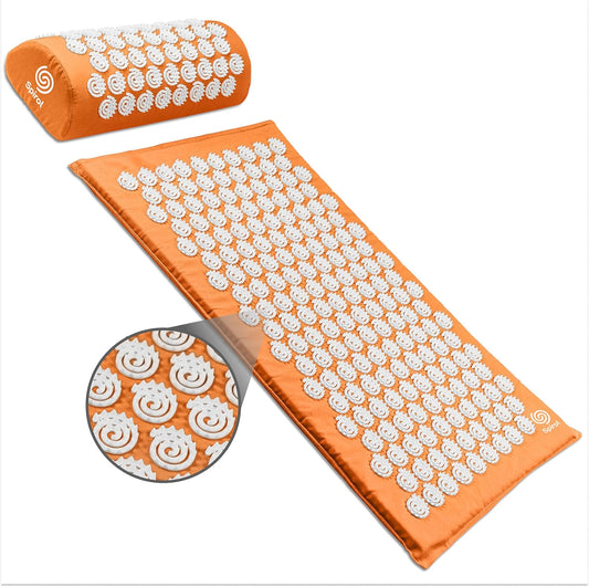 Spirol Acupressure Mat and Pillow Set for Back, Neck and Shoulder Pain Relief, with Flexible Acupressure Spikes, Includes Carry Bag (Orange)