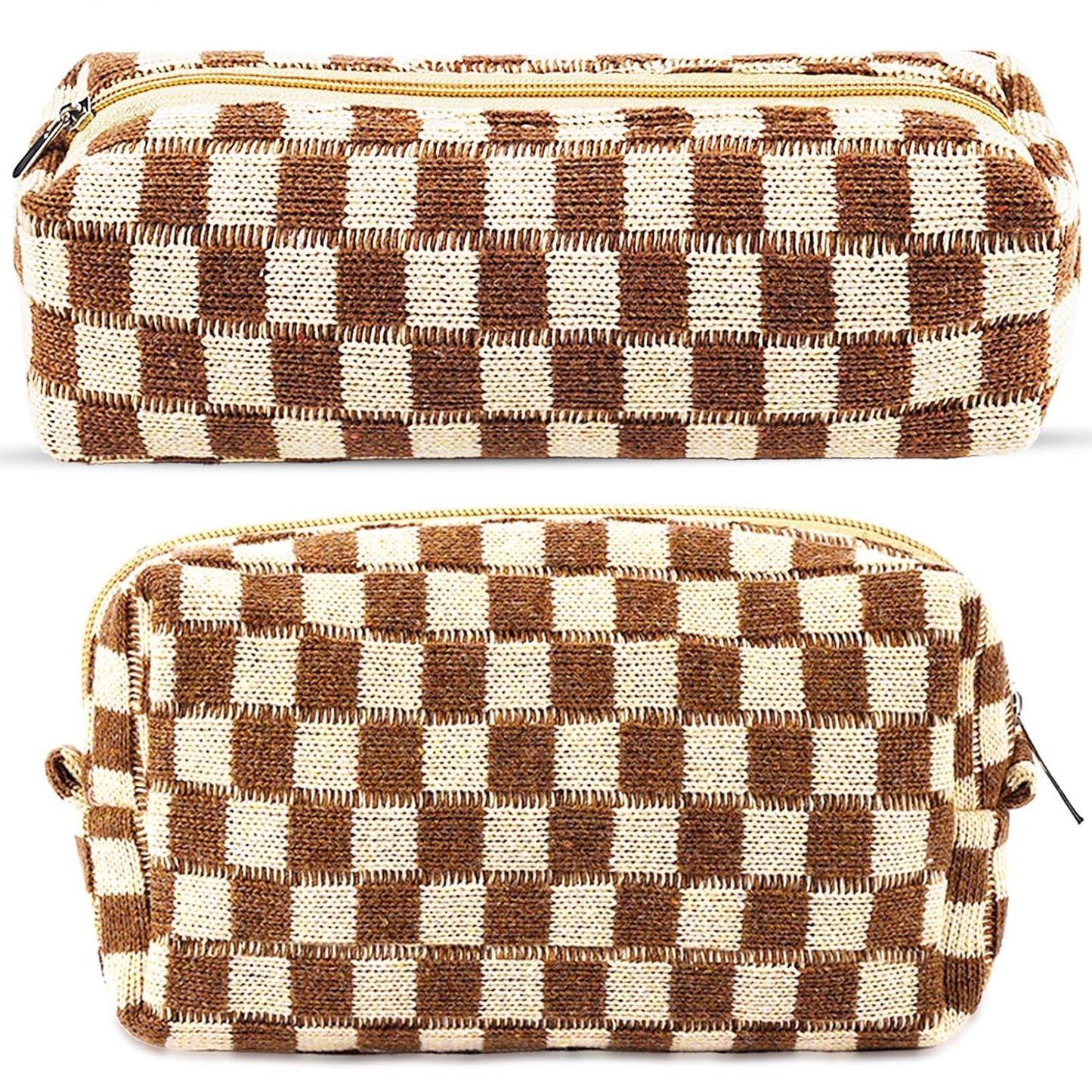 2Pcs Checkered Pencil Case Cute Pencil Pouch for Teens Checkered Makeup Bag Travel Cosmetic Bag Set Cute Makeup Pouch for Purse Portable Zippered Skincare Bags Preppy Toiletry Bags Organizer(Brown)