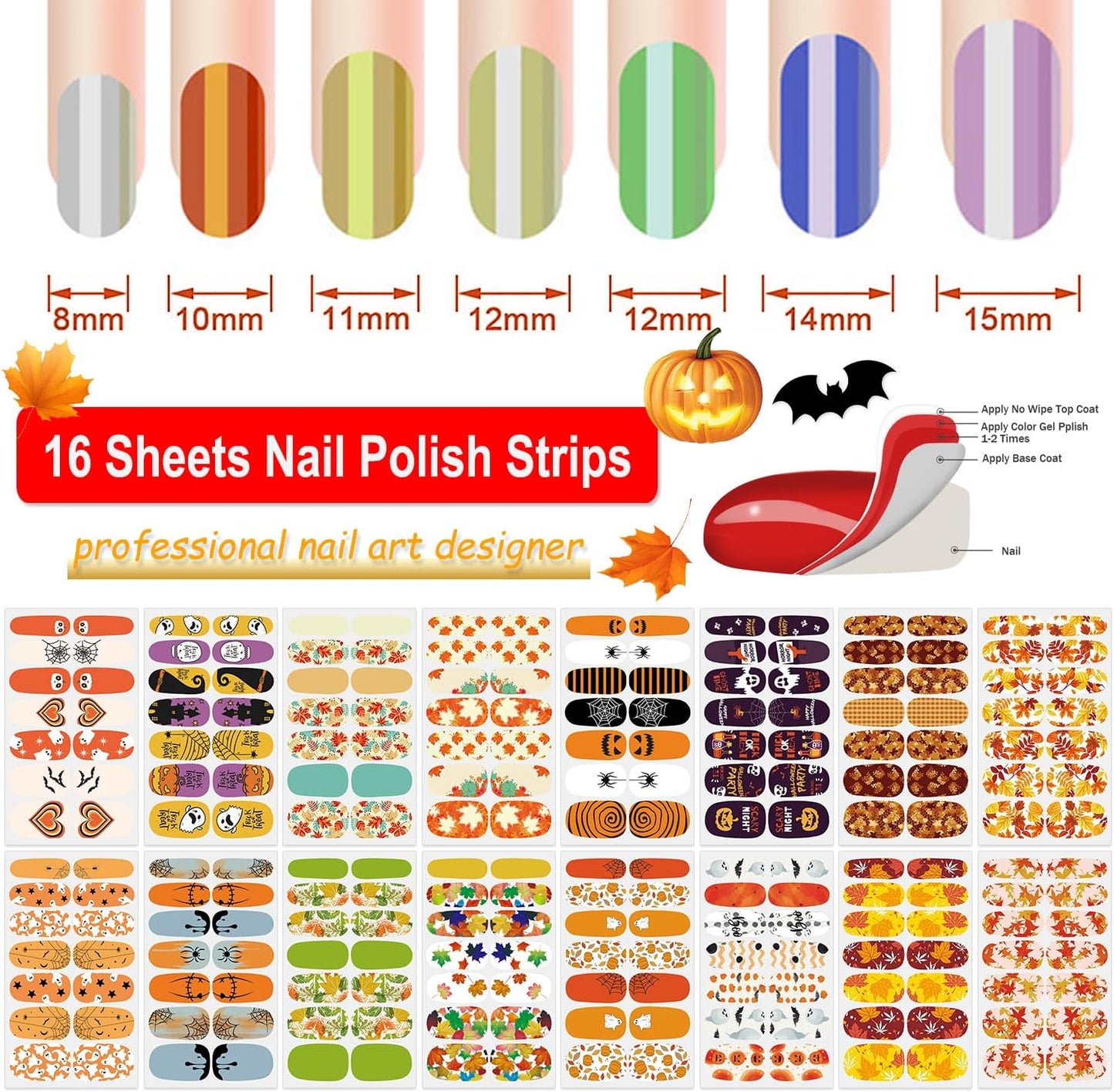 DANNEASY 16 Sheets Fall and Halloween Nail Wraps Holiday Nail Polish Stickers for Women Self Adhesive Nail Polish Strips Gel Nail Strips Fingernail Stickers with Nail File, Cuticle Stick