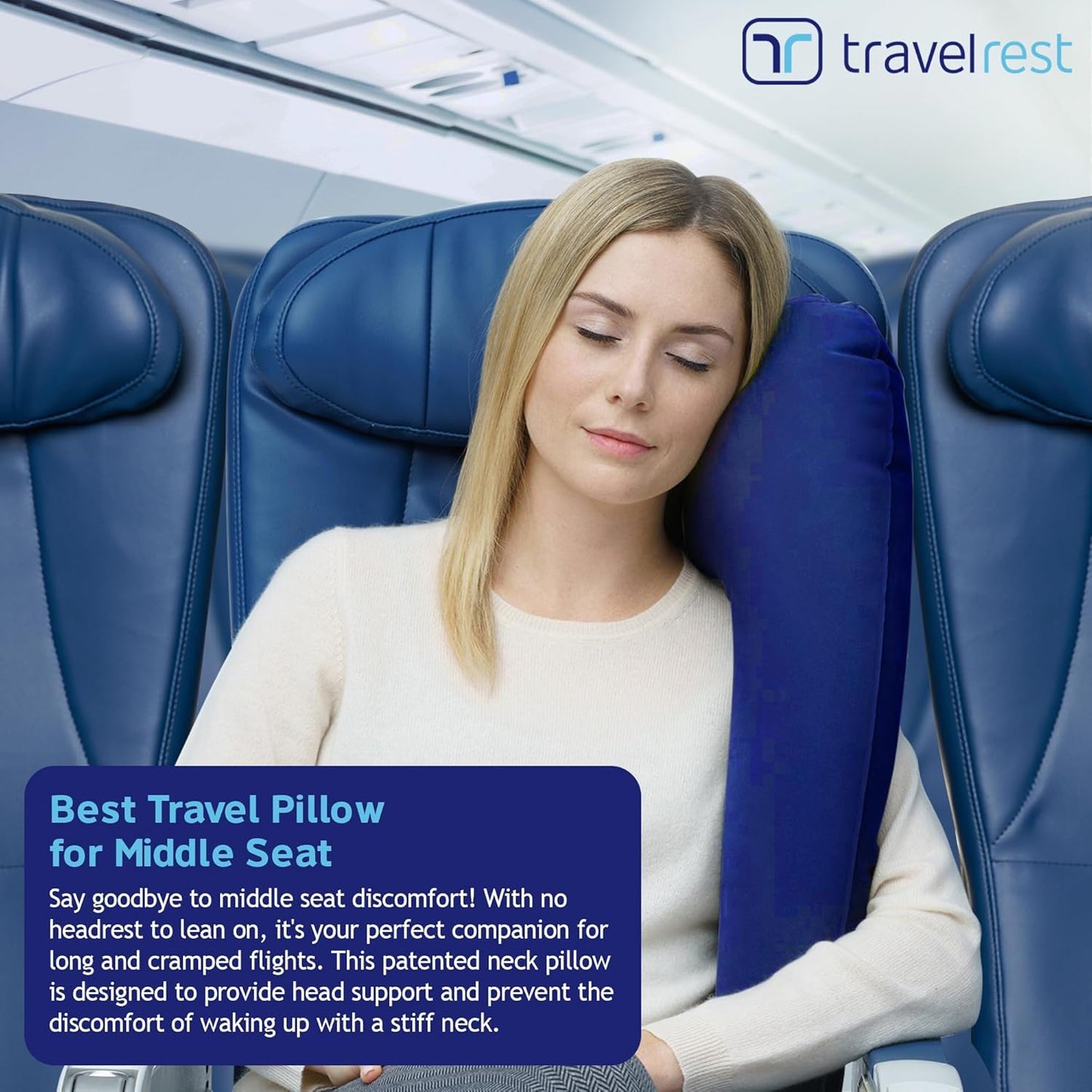 TRAVELREST Ultimate Inflatable Travel Neck & Body Pillow - Travel Essentials, Comfort and Upper Body Support, Airplane Neck Pillow for Long Flight, Straps to Airplane Seat & Car, for All Ages - Blue