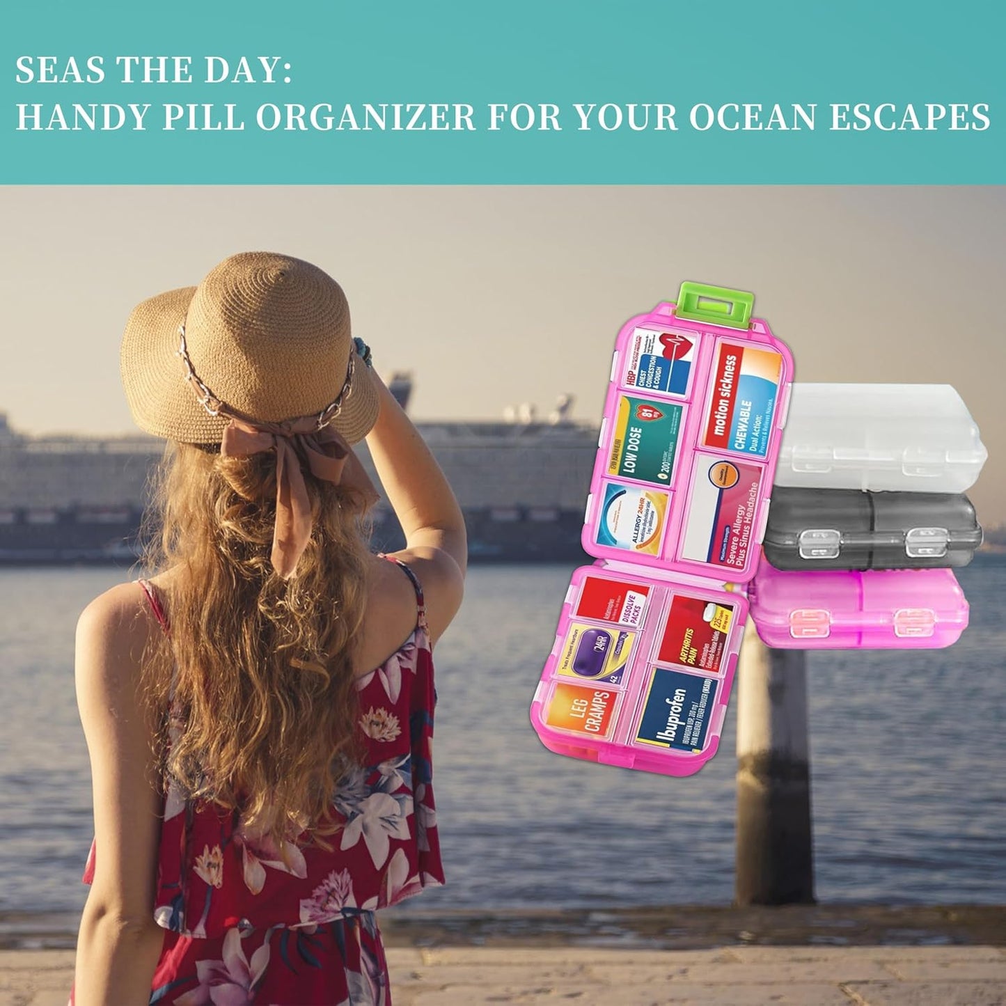 Pill Organizer with Medicine Labels, Travel Daily Pill Container, Mini Medication Organizer, 7-Day Pill Case, Set of 3 (Pink+White+Grey)