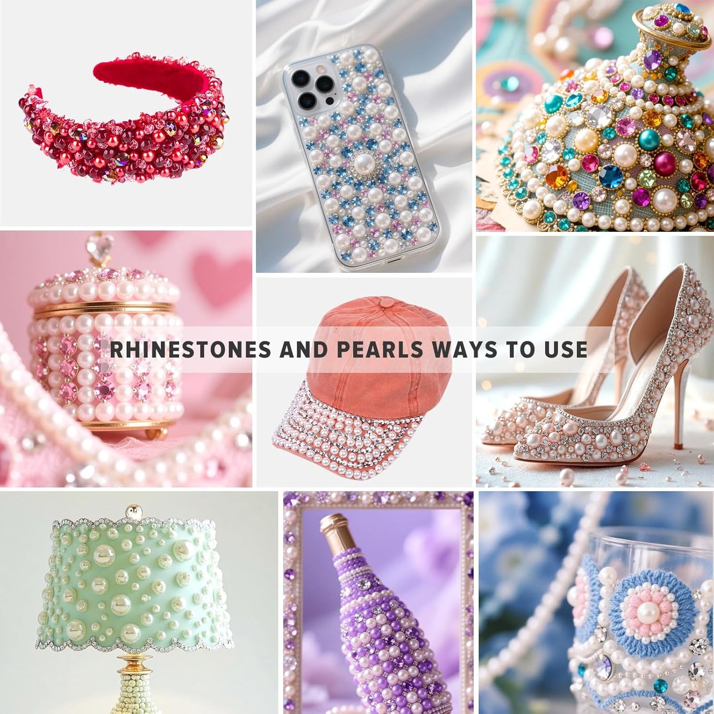 80g Mix Flatback Pearls and Rhinestones for Crafts Champagne Gold Mixed Size 2mm-10mm Half Round Pearls Rhinestones for Nail Art Tumblers Shoes DIY Bedazzling with Tweezers Wax Pen