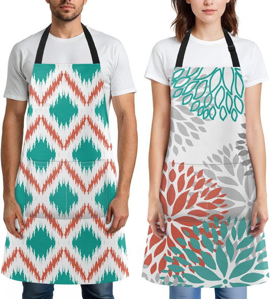 Britimes 2 Pack Aprons, Dahlia Flower Geometric Plaid Adjustable Bib Aprons with 2 Pockets for Women Men Couple Lovers Chef Home Kitchen Cooking Baking Gardening Coral Teal Chevron Apron 32x28 Inches