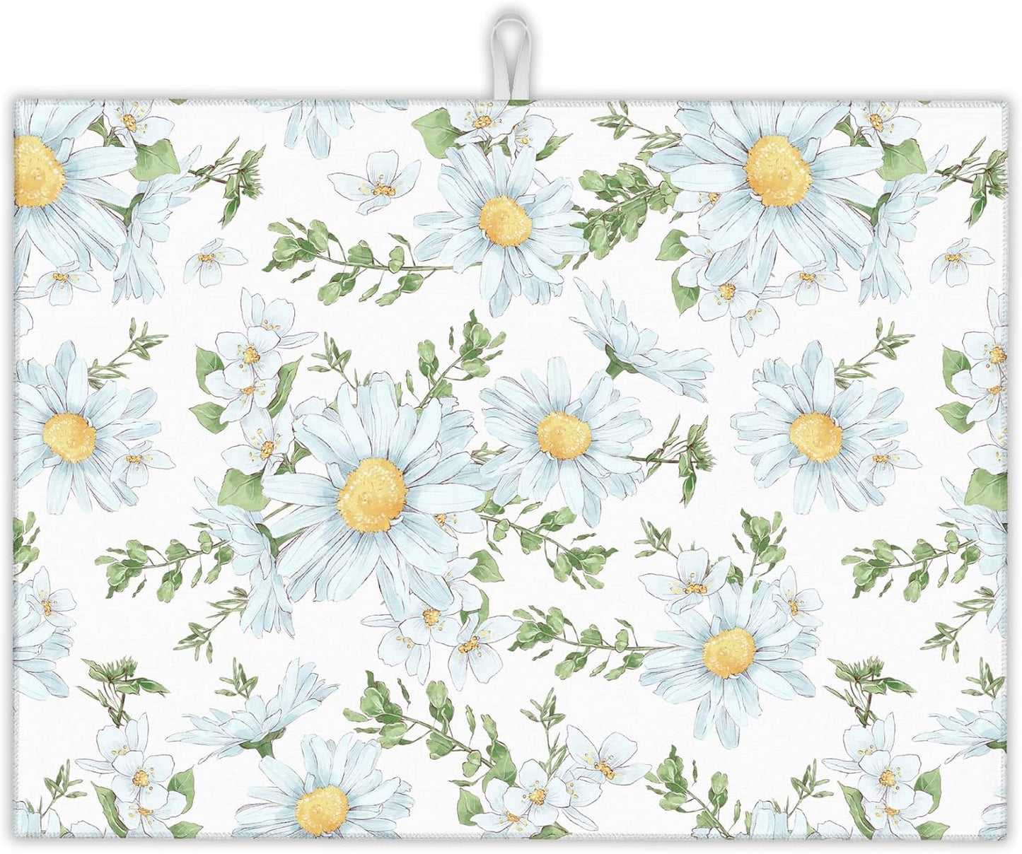 White Chamomile Flowers Dish Drying Rack Mats Decor, Dish Pad Drying Mat Kitchen Counter 18x24 Inch Absorbent Reversible Microfiber for Coffee Bar Sink Countertop