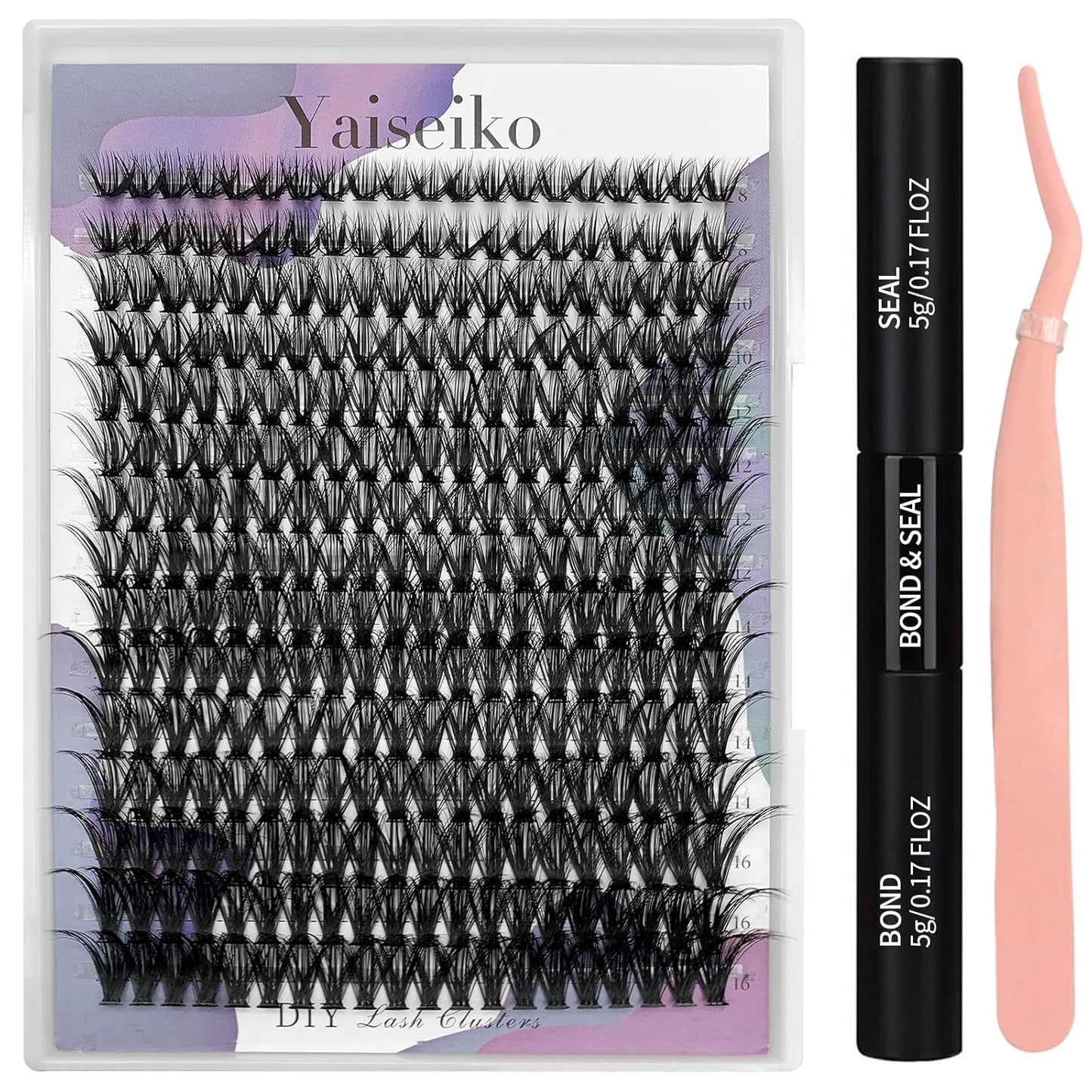 Lash Extension Kit 50D Fluffy Cluster Eyelash Extensions Kit 300 Pcs DIY Individual Lashes Kit with Lash Bond and Seal and Lashes Tweezers 8-16mm Mix D Curl Wispy False Eyelashes Pack, by Yaiseiko