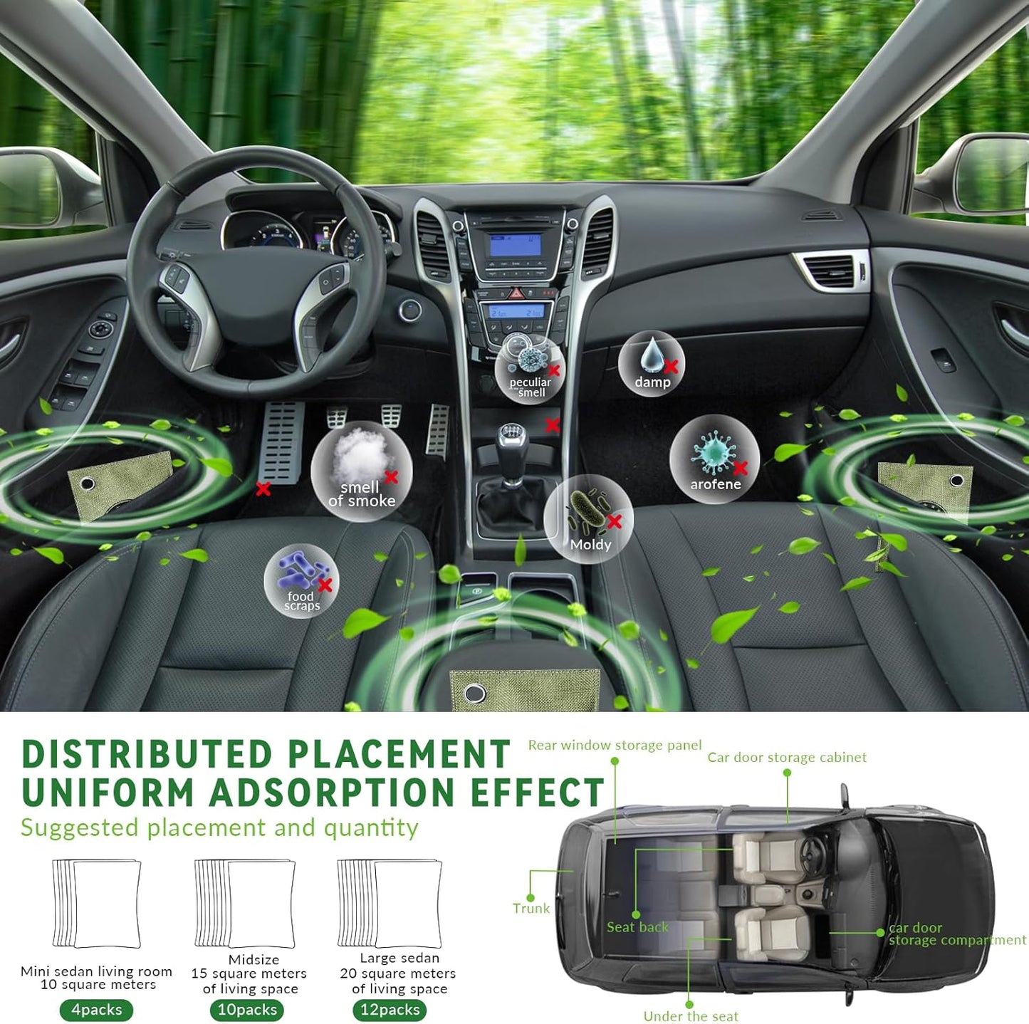 4 Pack charcoal odor absorber,Bamboo Charcoals Air Purifying Bag Charcoals Deodorizer Eliminator for Strong Odors in Car, Closet, Shoe, Basement (200G*4 Pack Green, Unscented)