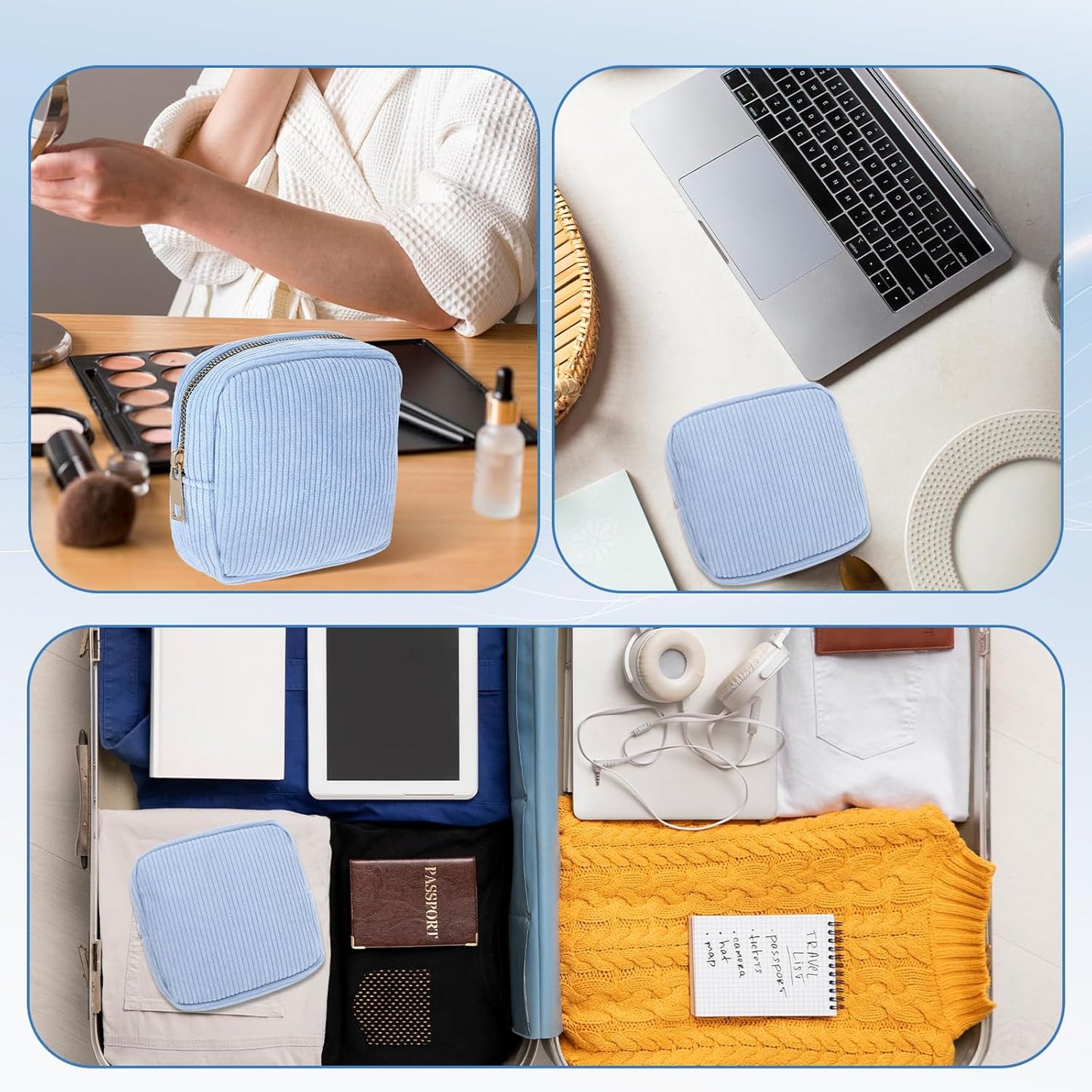 Period Bag for Teen Girls, Sanitary Napkin Storage Bag, Menstrual Bags, Corduroy Tampon Holder, Makeup Pouch with Zipper, Portable First Period Pouch (Sky Blue)