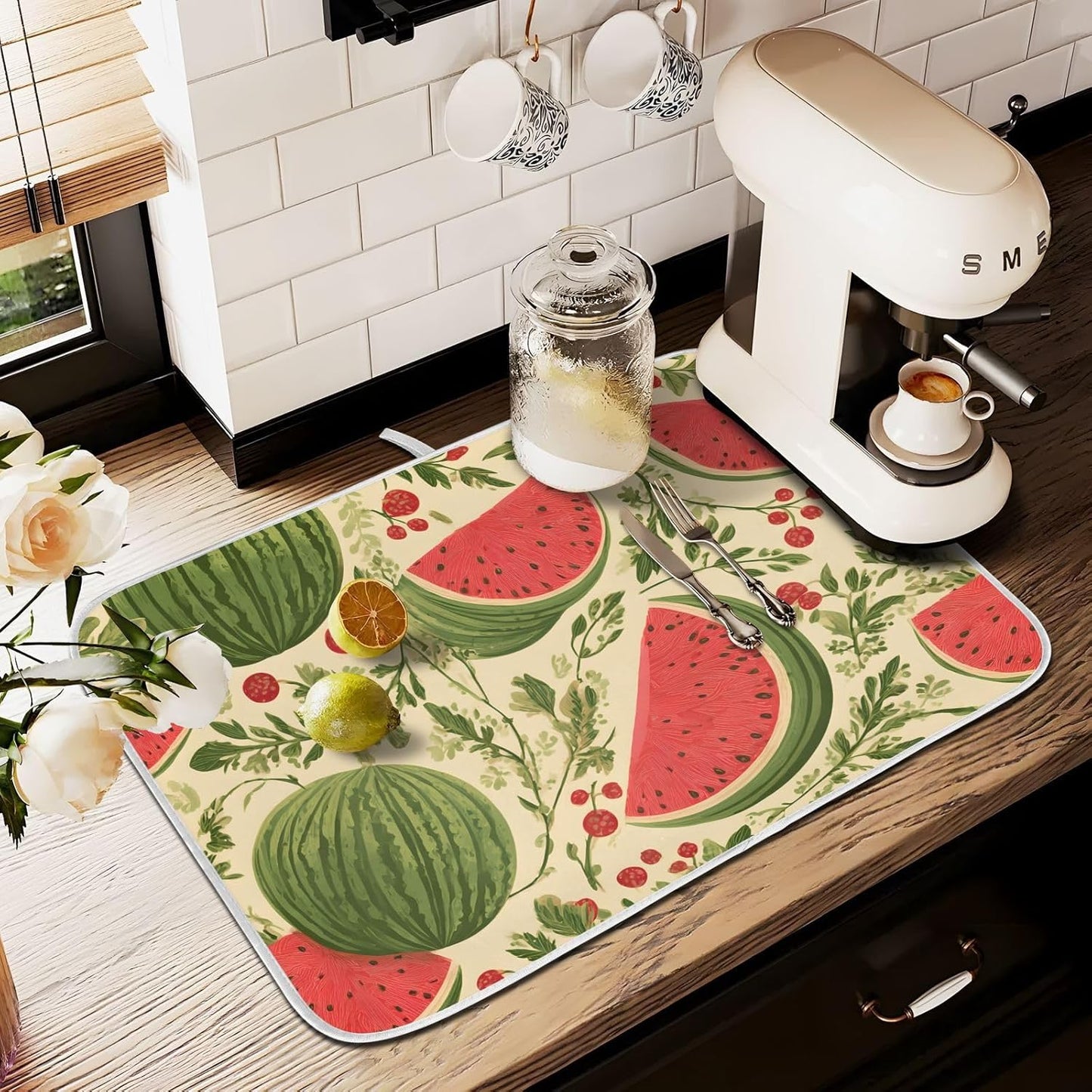 Watermelon Flower Dish Drying Mats for Kitchen Counter Absorbent Microfiber Dish Drying Matt 16 x 18 Inch Draining Reusable Rack Pad