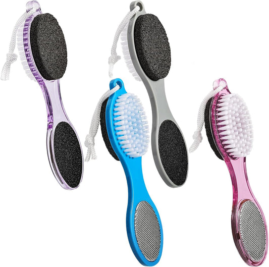 Pumice Stone Brush for Feet 4 in 1, Foot File Callus Remover, Foot Rasp and Sand Paper Pedicure Tools with Handle, Shower Foot Scrubber, Soft Smooth Feet for Home Foot Care,4 Pack