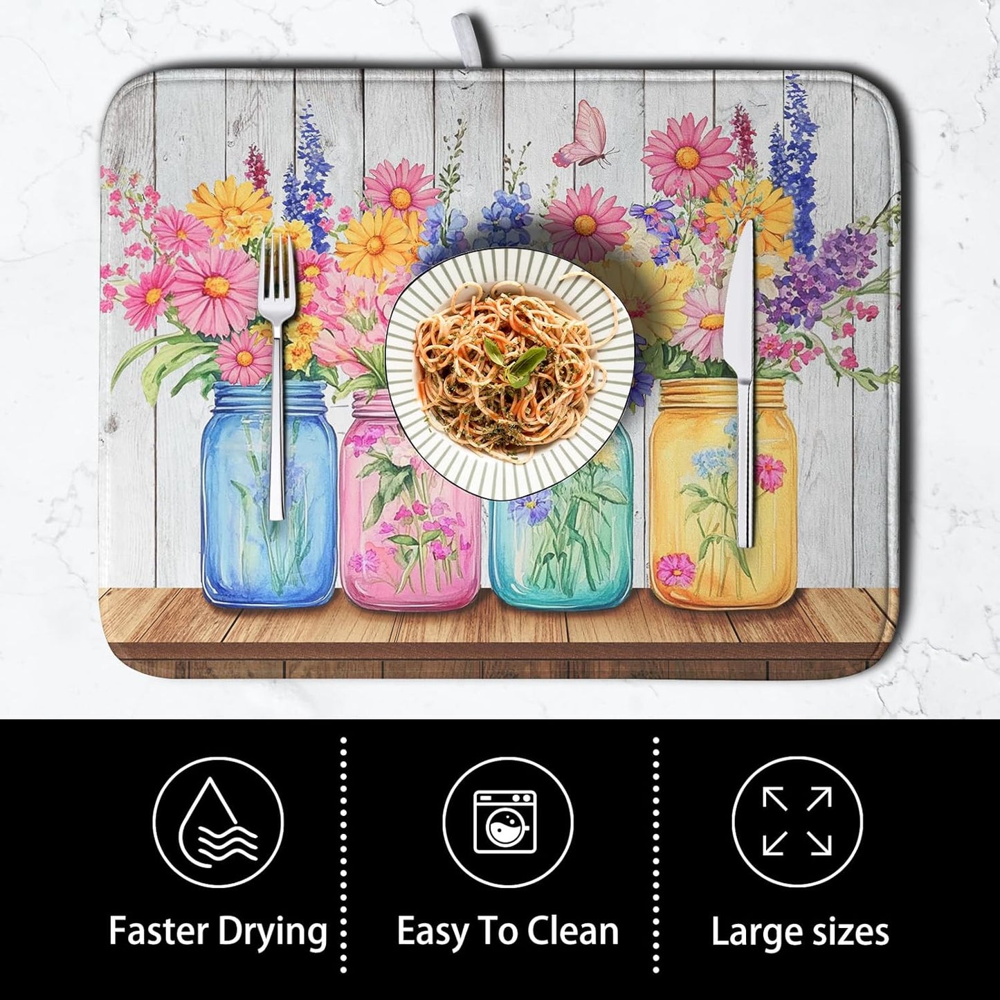 Daisy Dish Drying Mat for Kitchen Counter Spring Summer Flowers Vases Dishes Pad Microfiber Absorbent Dish Draining Mats Rustic Farmhouse Floral Wooden Board Dish Drainer Rack Mat 18x24 Inch