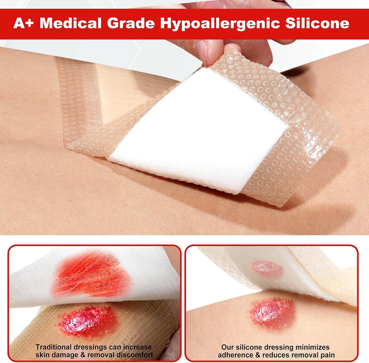 FRESINIDER 4" x 8" Pack of 5 Silicone Foam Wound Dressing - Waterproof Adhesive Bandages with Bordered - Super Absorbent & Breathable for Optimal Wound Care