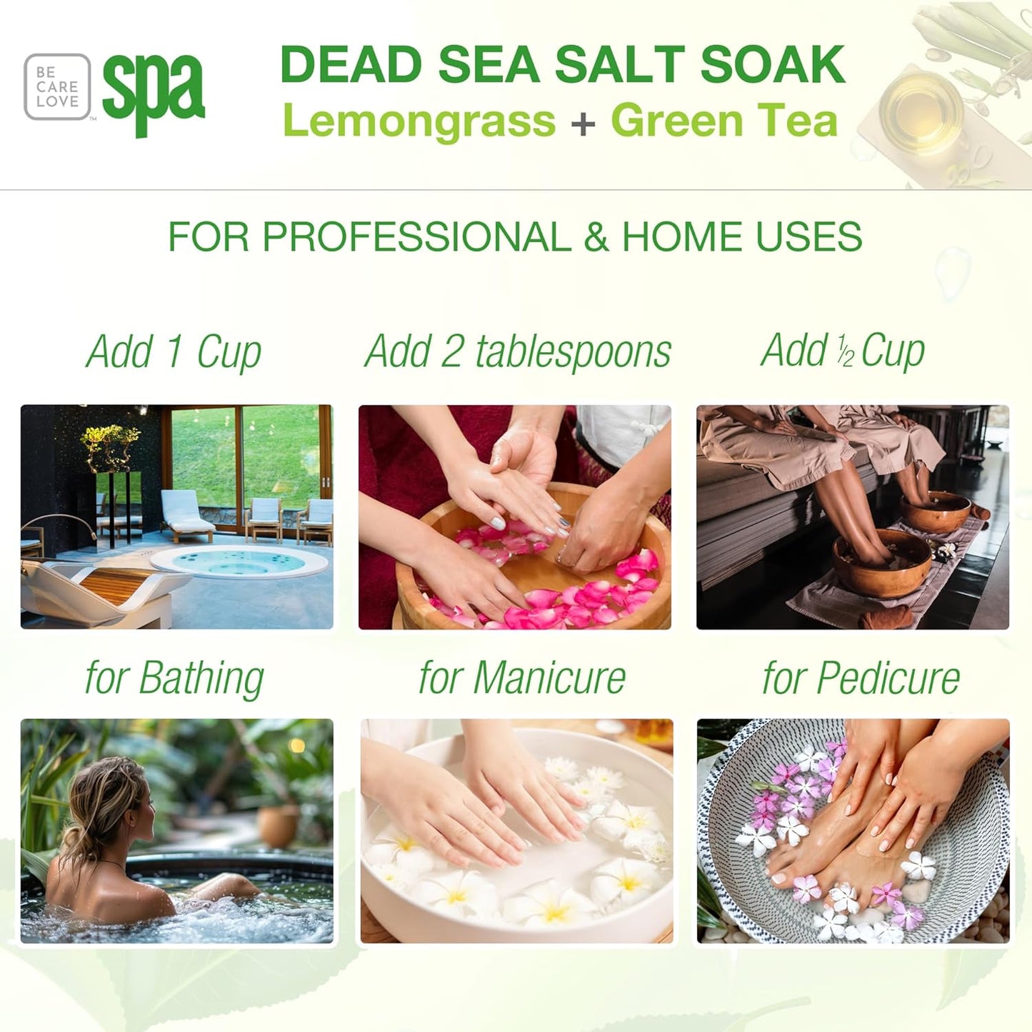 BCL SPA Dead Sea Salt Soak - Bath Salt with Organic Lemongrass + Green Tea, Shae Butter, Arnica, Aloe Vera Juice, Chamomile, Argan Oil & Jojoba Oil - Skin Exfoliator - Home/Professional Use 16 fl oz