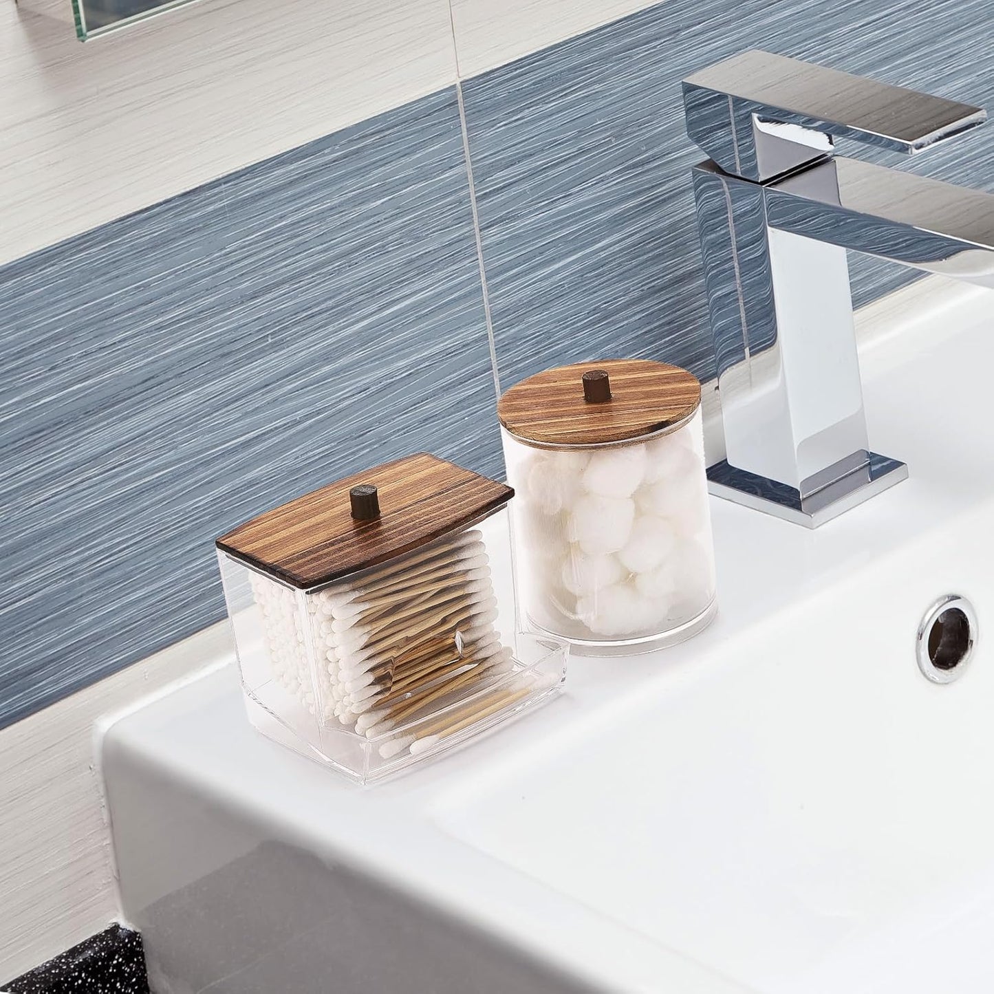 Tbestmax Qtips Dispenser, 10/12 oz Big Cotton Ball Holder Bathroom Container, Plastic Apothecary Jar Organizer for Storage Swab, Round Pads, Floss Picks - Wood Lids