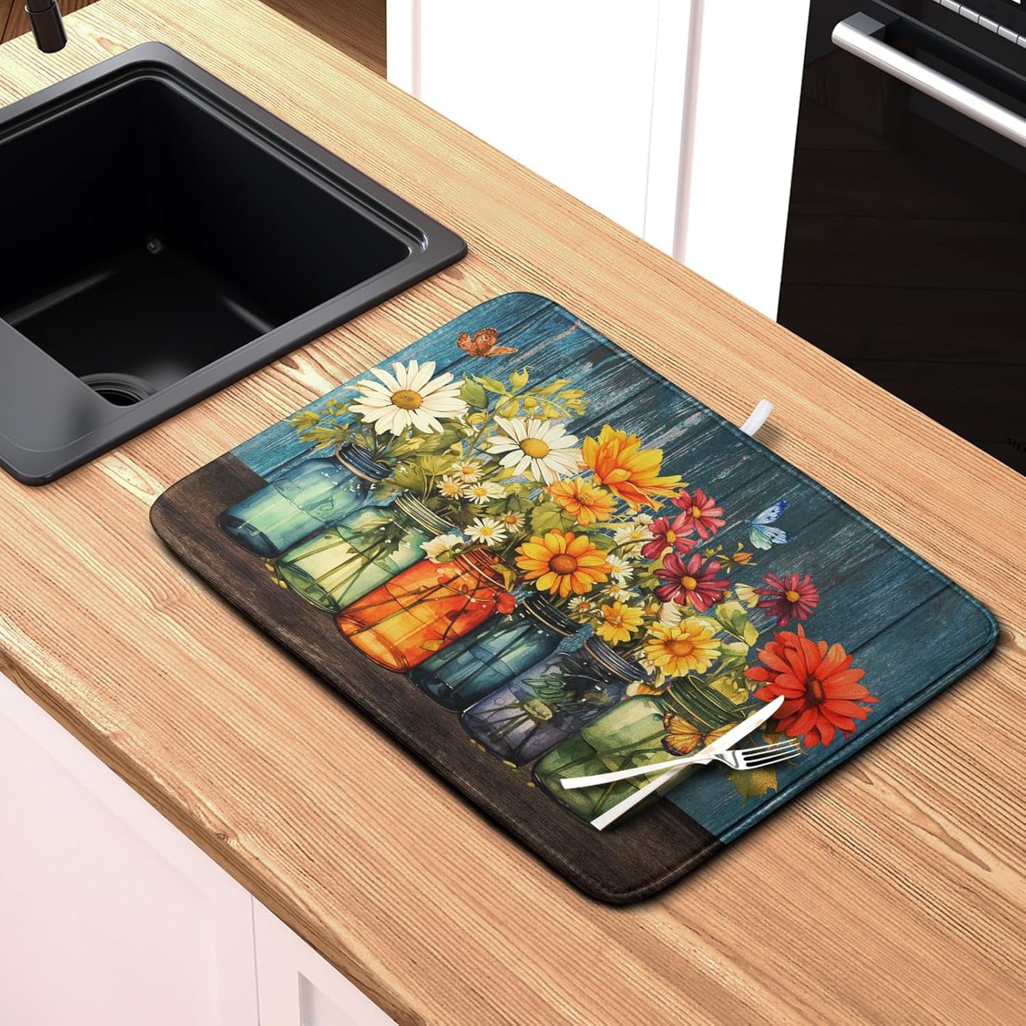 Daisy Dish Drying Mat for Kitchen Counter 16x18 Inch Rustic Vintage Flower Vases Drying Mats Microfiber Absorbent Dishes Drainer Mats Farmhouse Floral Wooden Board Dish Rack Pad